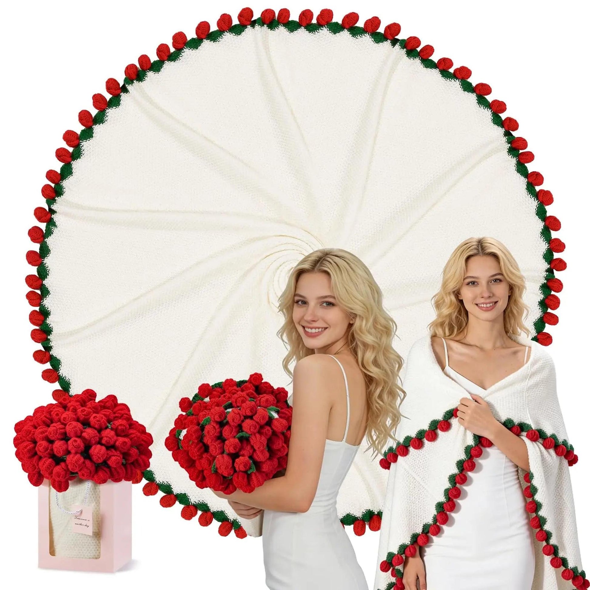 Cream crochet blanket with red rose border, folded as a bouquet, and worn by a woman.