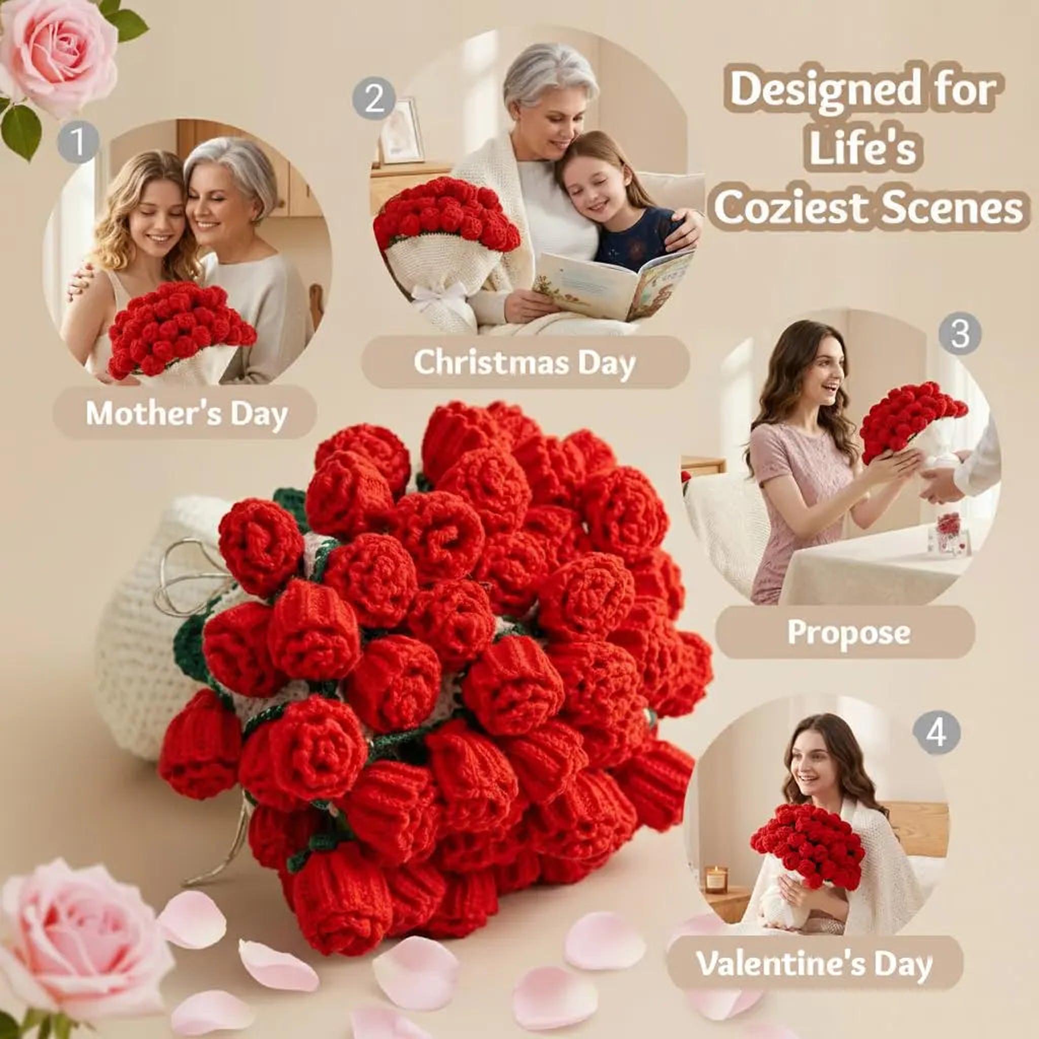Red crochet rose bouquet blanket, folded like roses, shown in various cozy scenes.