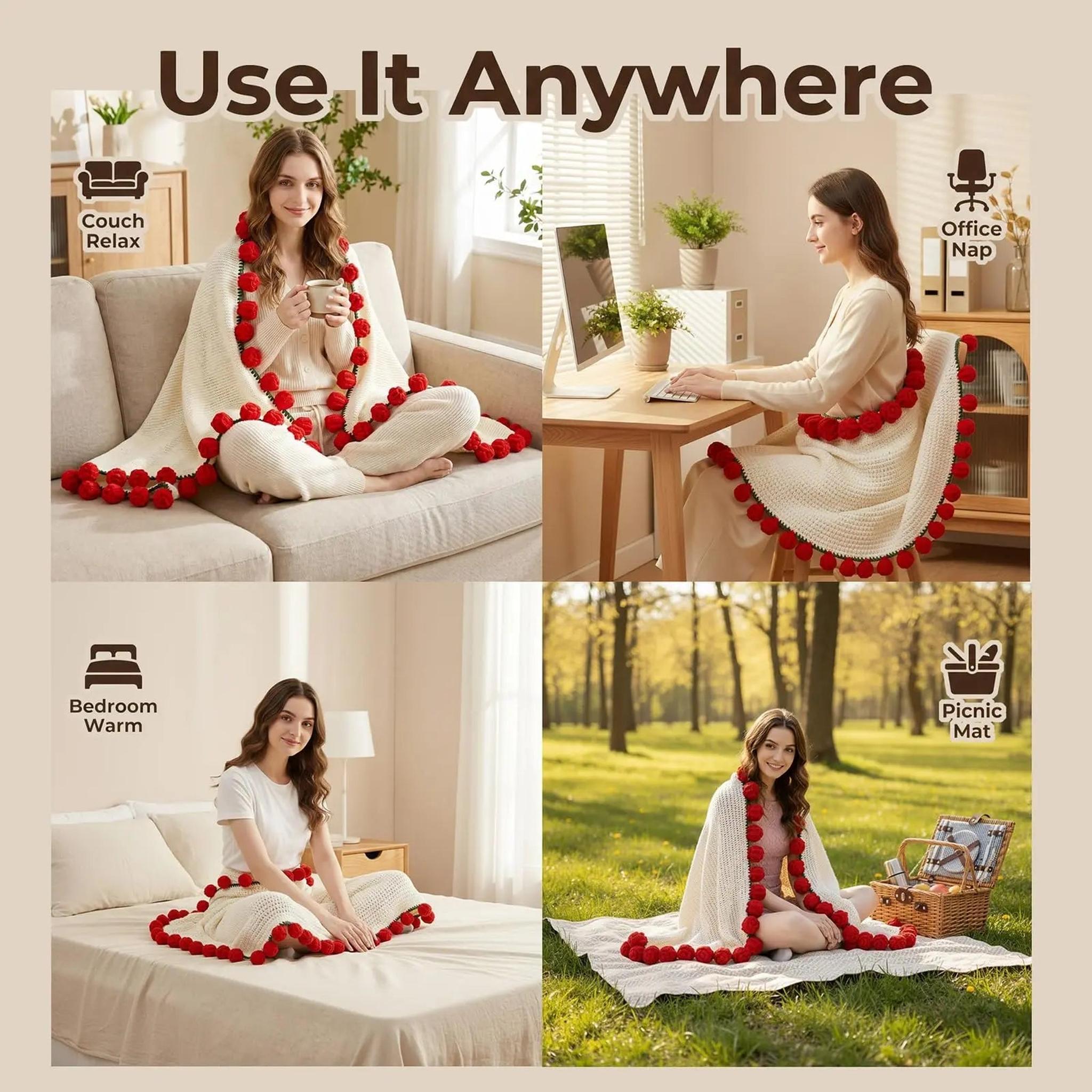 Cream crochet blanket with red pom-pom trim, used in various settings like a couch, office, bedroom, and picnic.