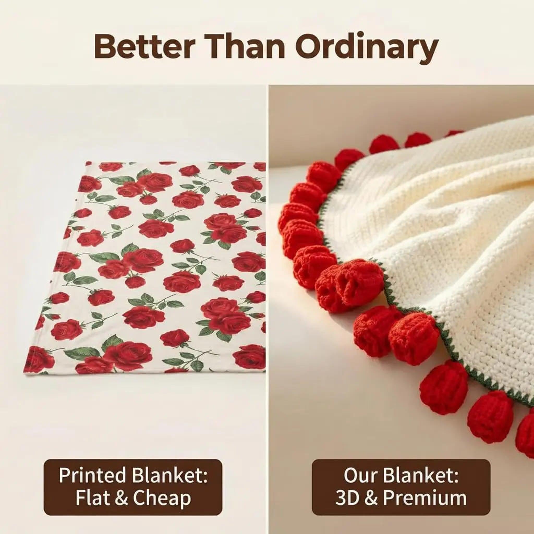 White crochet blanket with red rose bouquet fold design and red pom-pom trim.