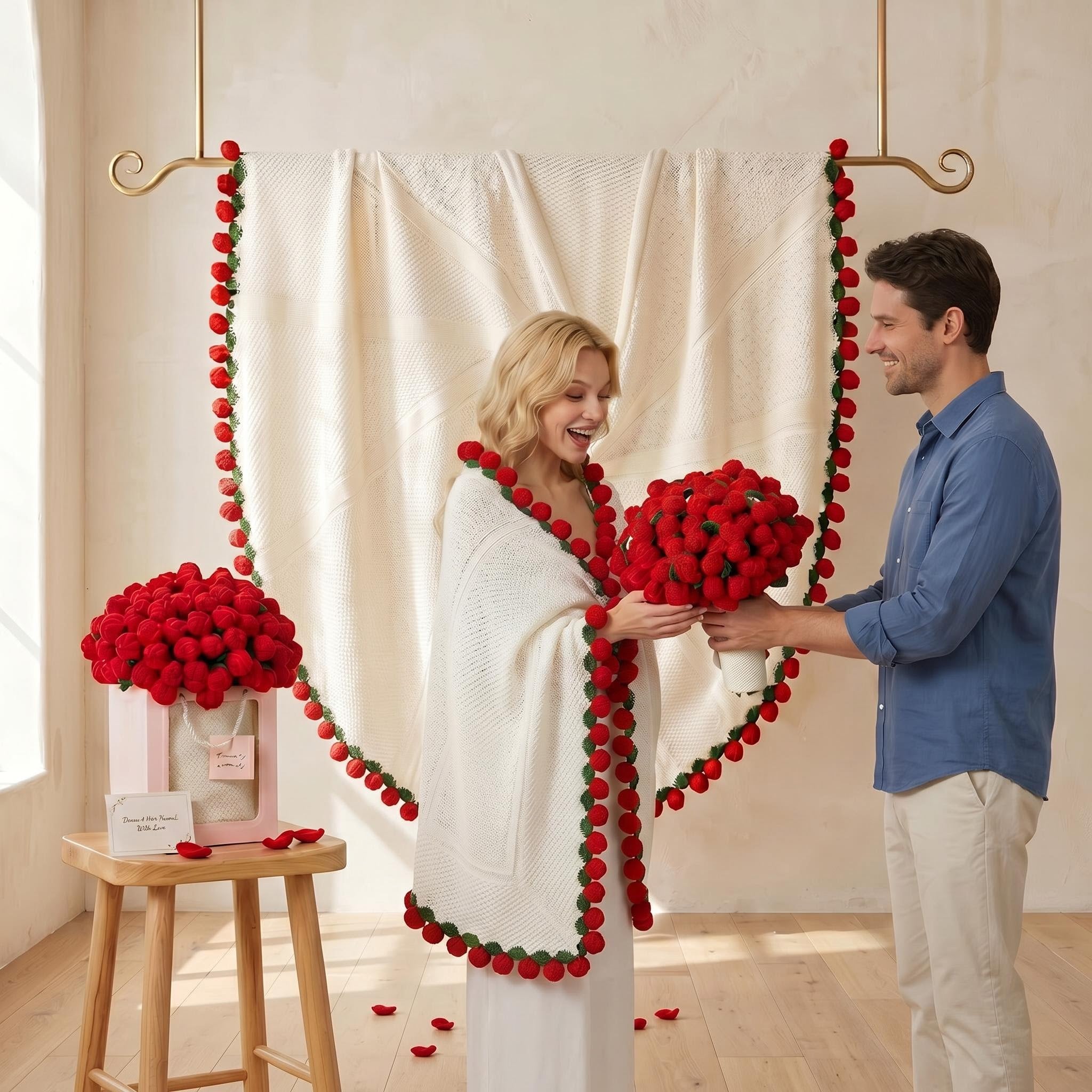 Happy woman receiving a red rose bouquet crochet blanket from a man, with another blanket in the background.