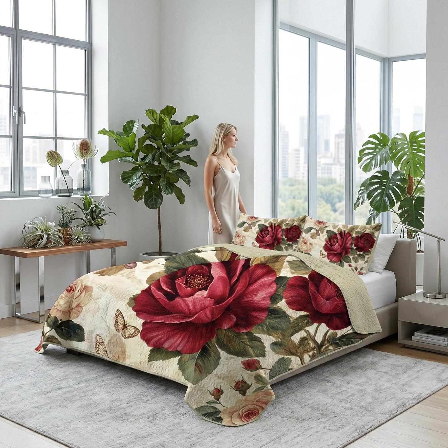 Rose flower printed bedding set with quilt and two pillowcases, made from soft microfibre.