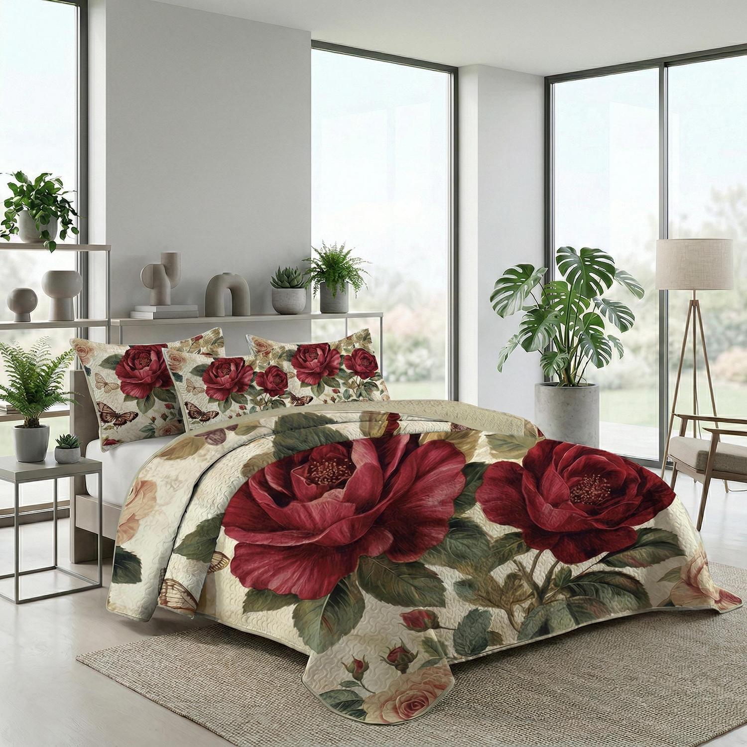 Rose flower printed bedding set with quilt and two pillowcases, made from soft microfibre.
