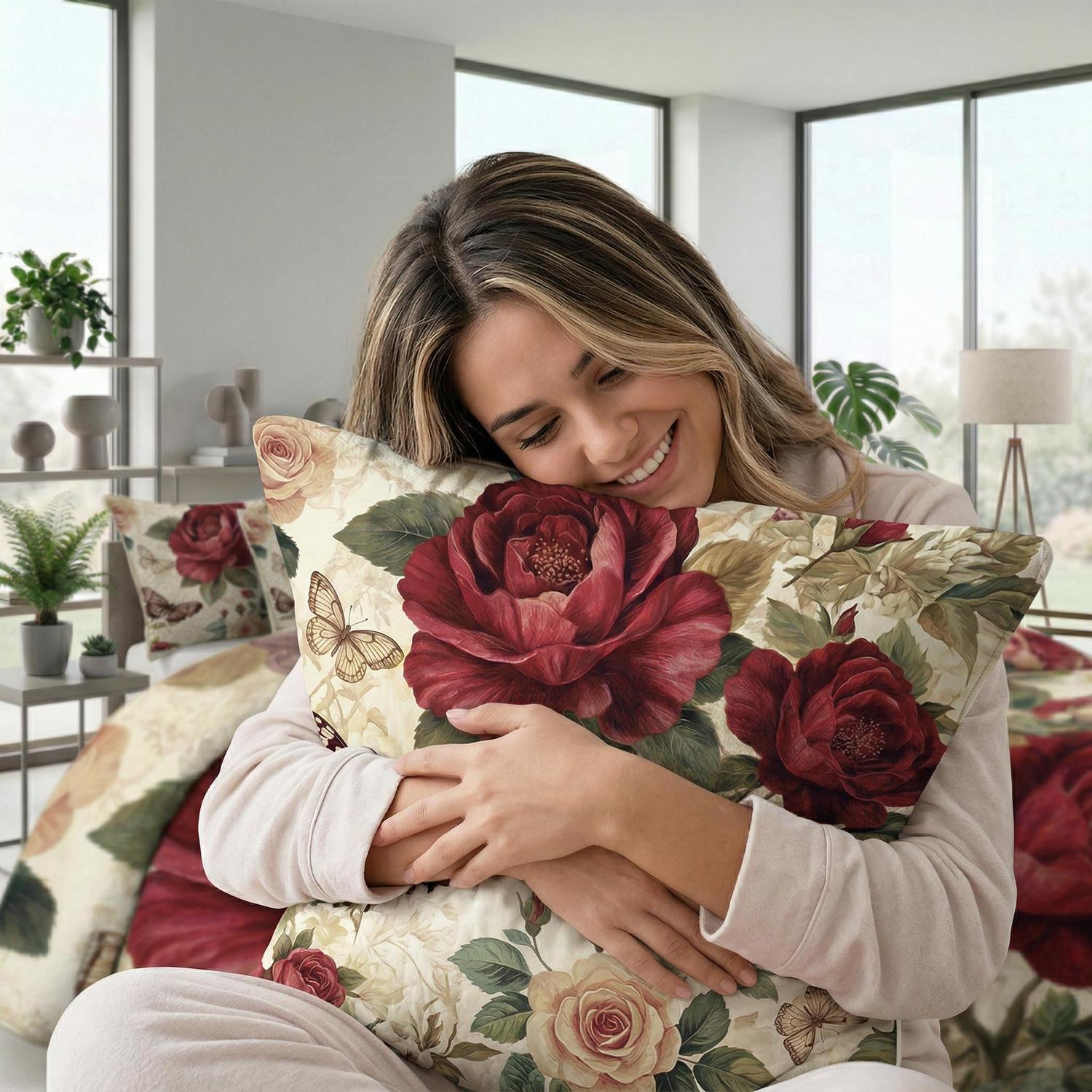 Rose flower printed bedding set with quilt and two pillowcases, made from soft microfibre.