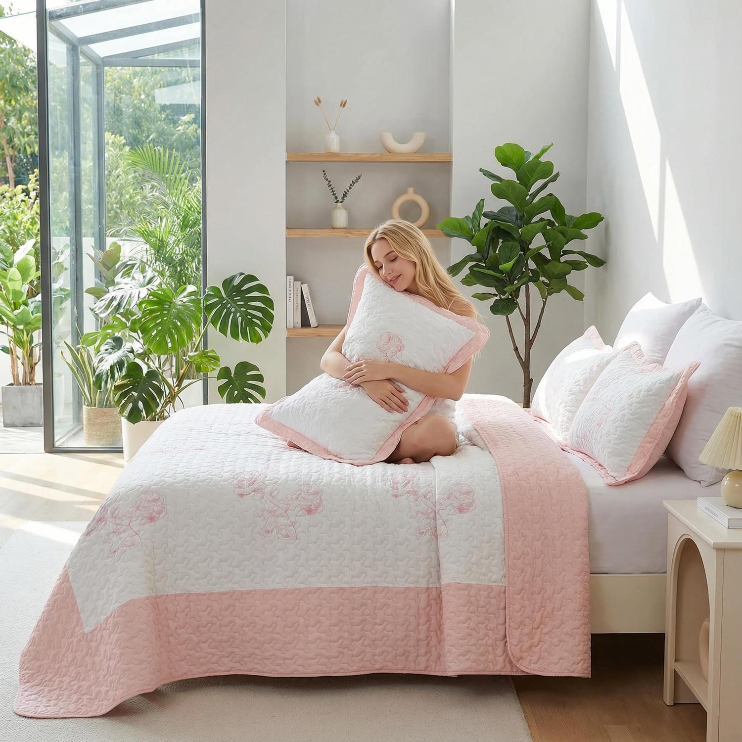 Woman on a bed with a white and pink quilted rose print bedding set, holding a matching pillow.