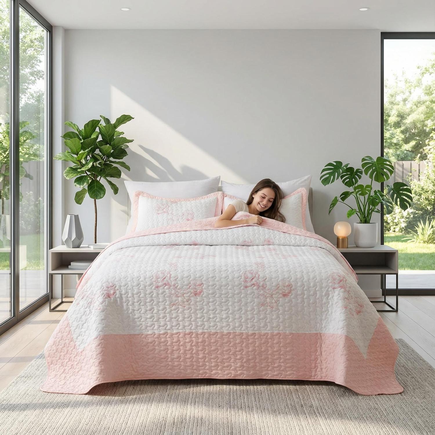 Queen size Rose Print Quilted Bedding Set in white and pink, with a woman relaxing in bed.