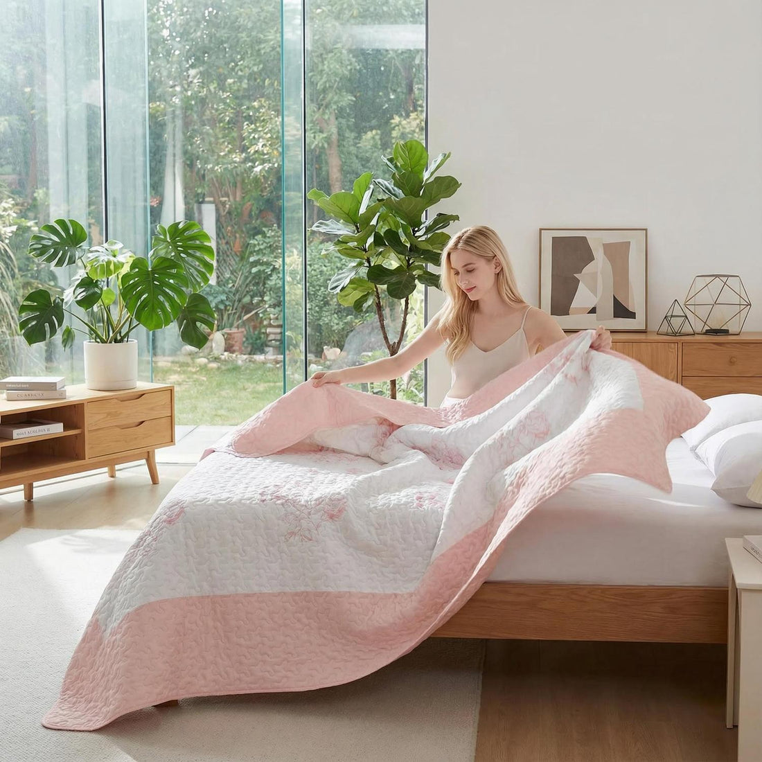 Woman placing a Queen size rose print quilted bedding set with white and pink floral design on a bed.