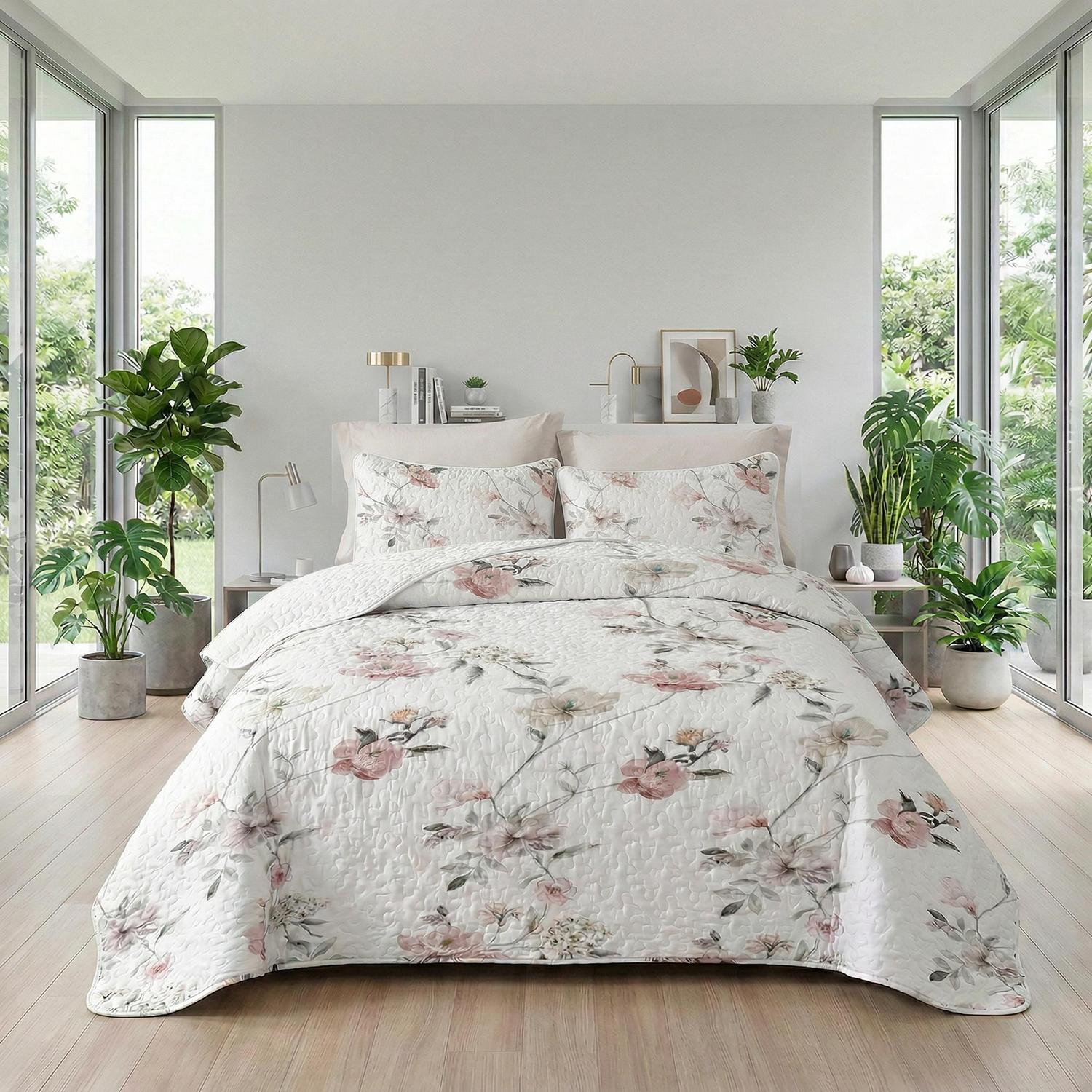 Roseta Floral Printed Quilt Set with elegant floral patterns, soft microfiber, and tight stitching.