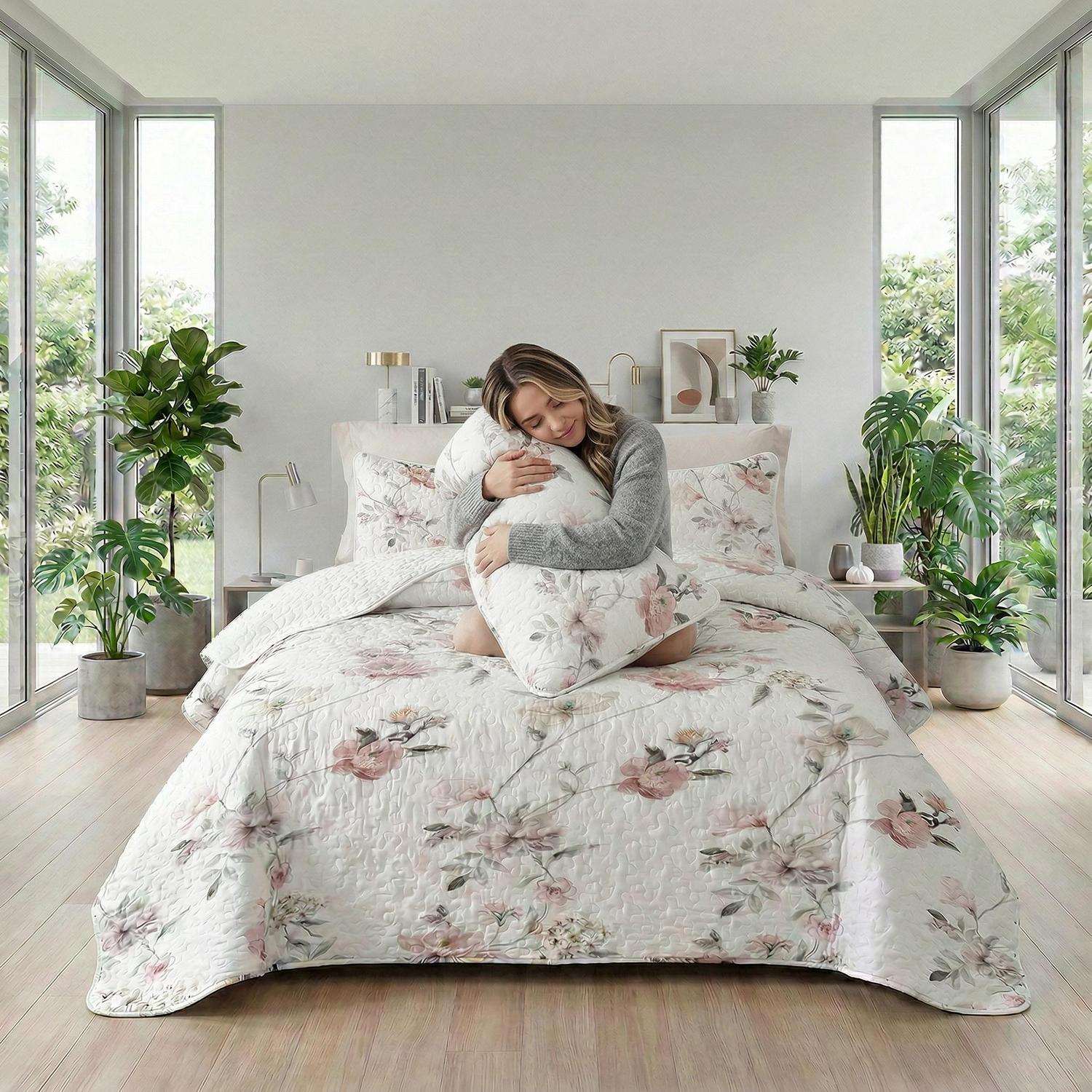 Roseta floral printed quilt set in elegant modern style, soft microfiber, with unique patterns.