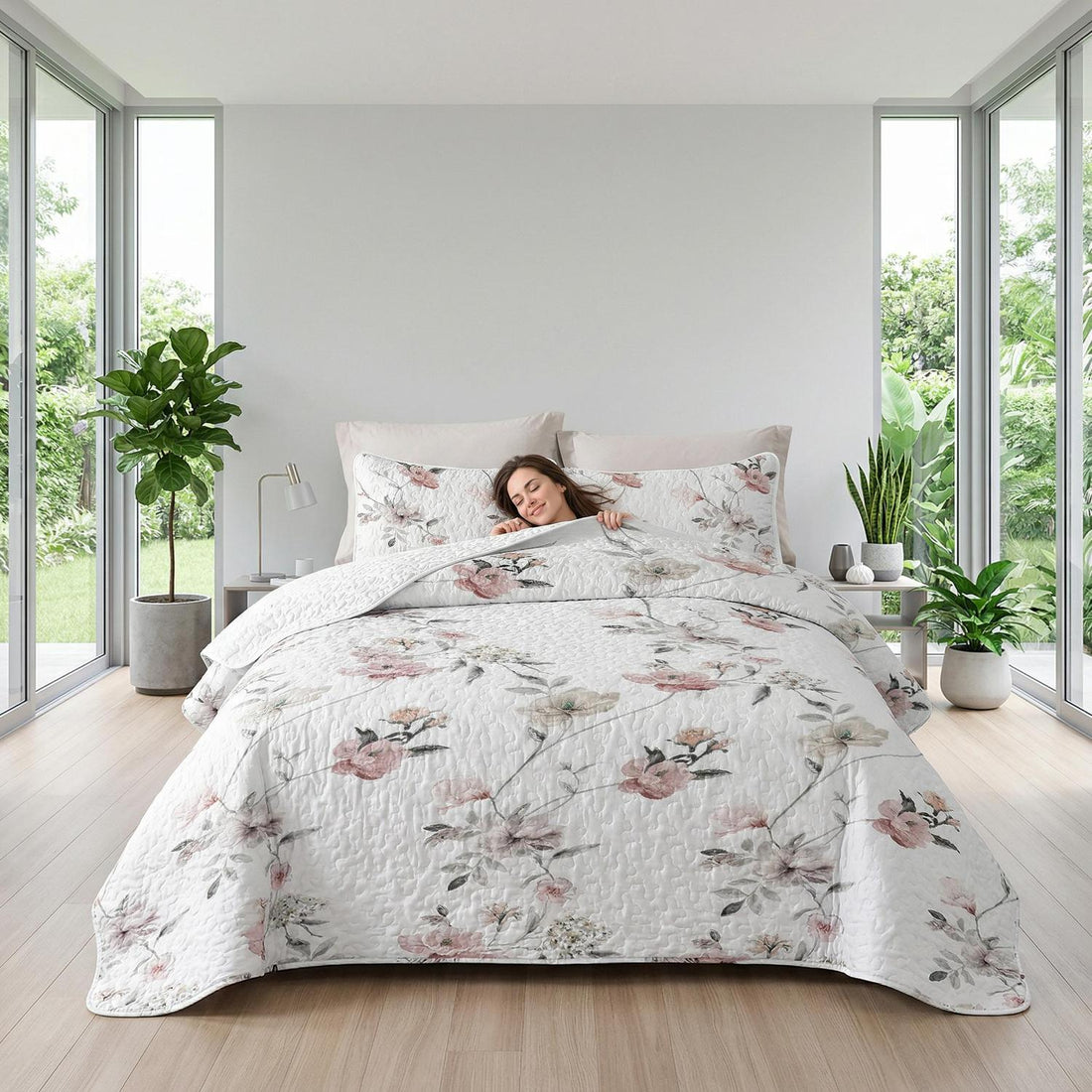 Roseta Floral Printed Quilt Set, twin size, with elegant floral patterns and soft microfiber.