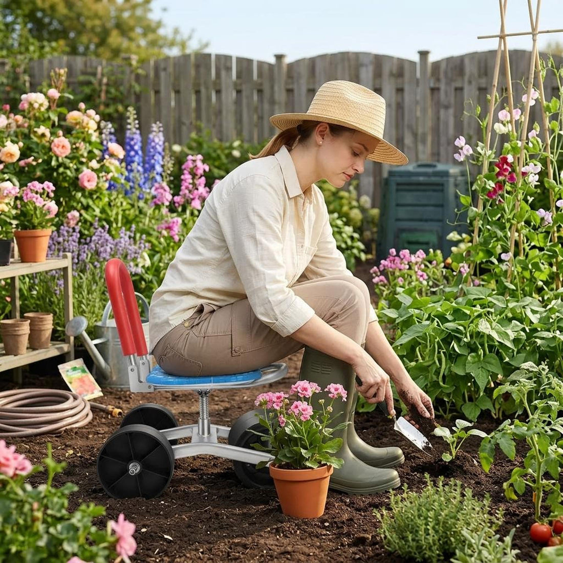 Adjustable rolling garden seat with a blue swivel cushion, red handle, and black wheels in a lush backyard garden.
