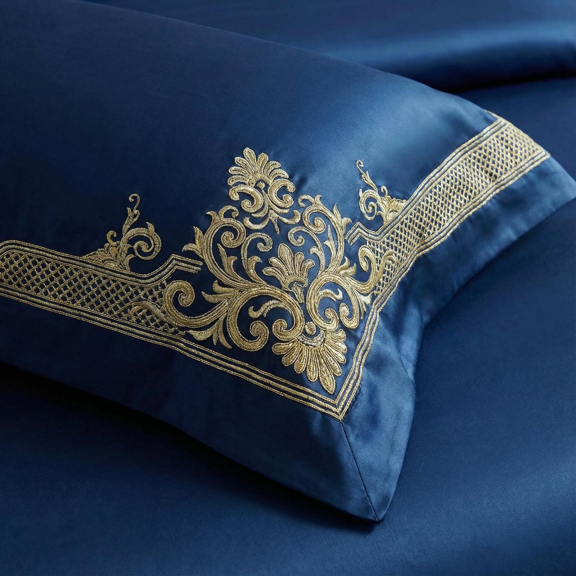 Royal blue cotton pillowcase with elegant gold embroidered scrollwork and geometric patterns.