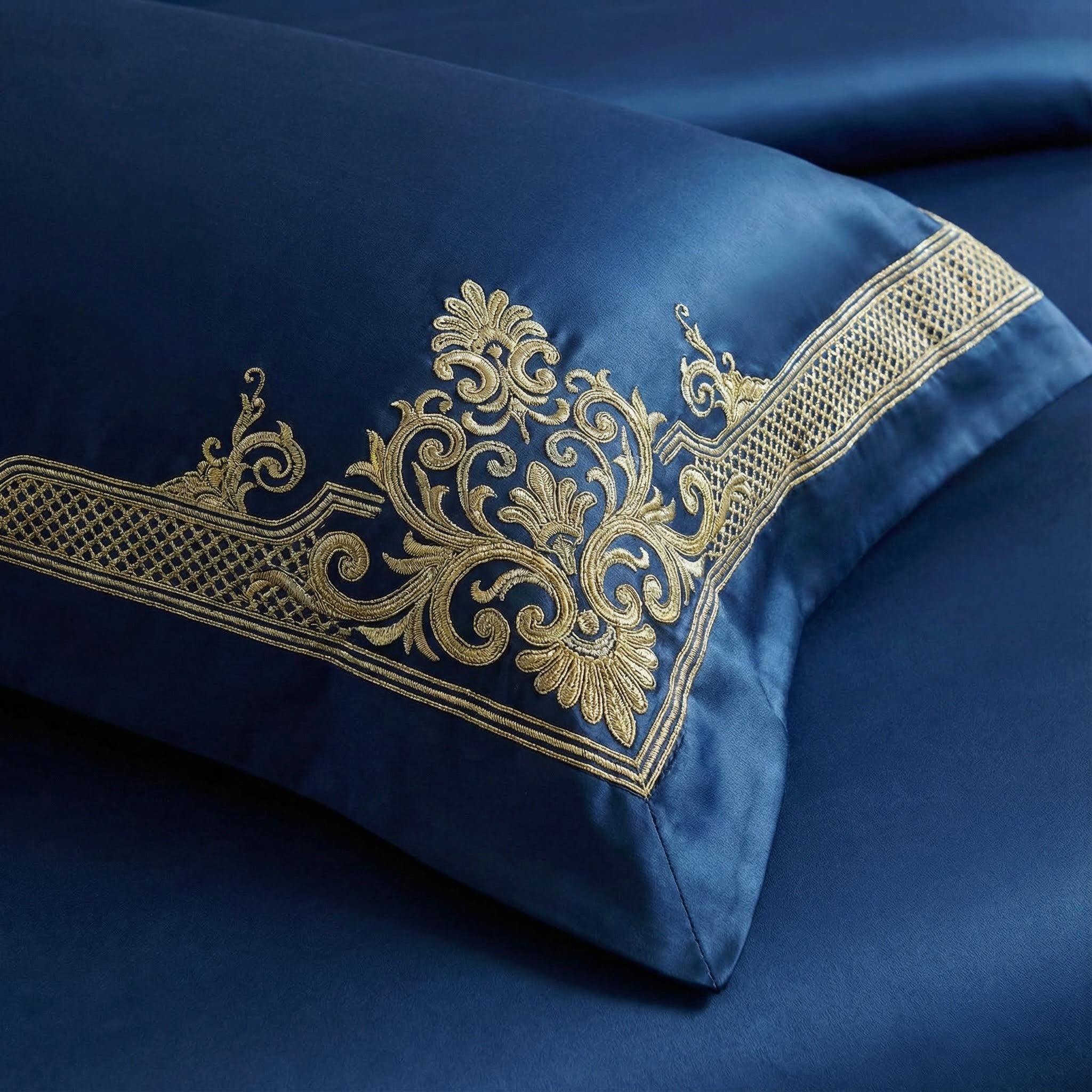 Royal blue cotton pillowcase with elegant gold embroidered scrollwork and geometric patterns.