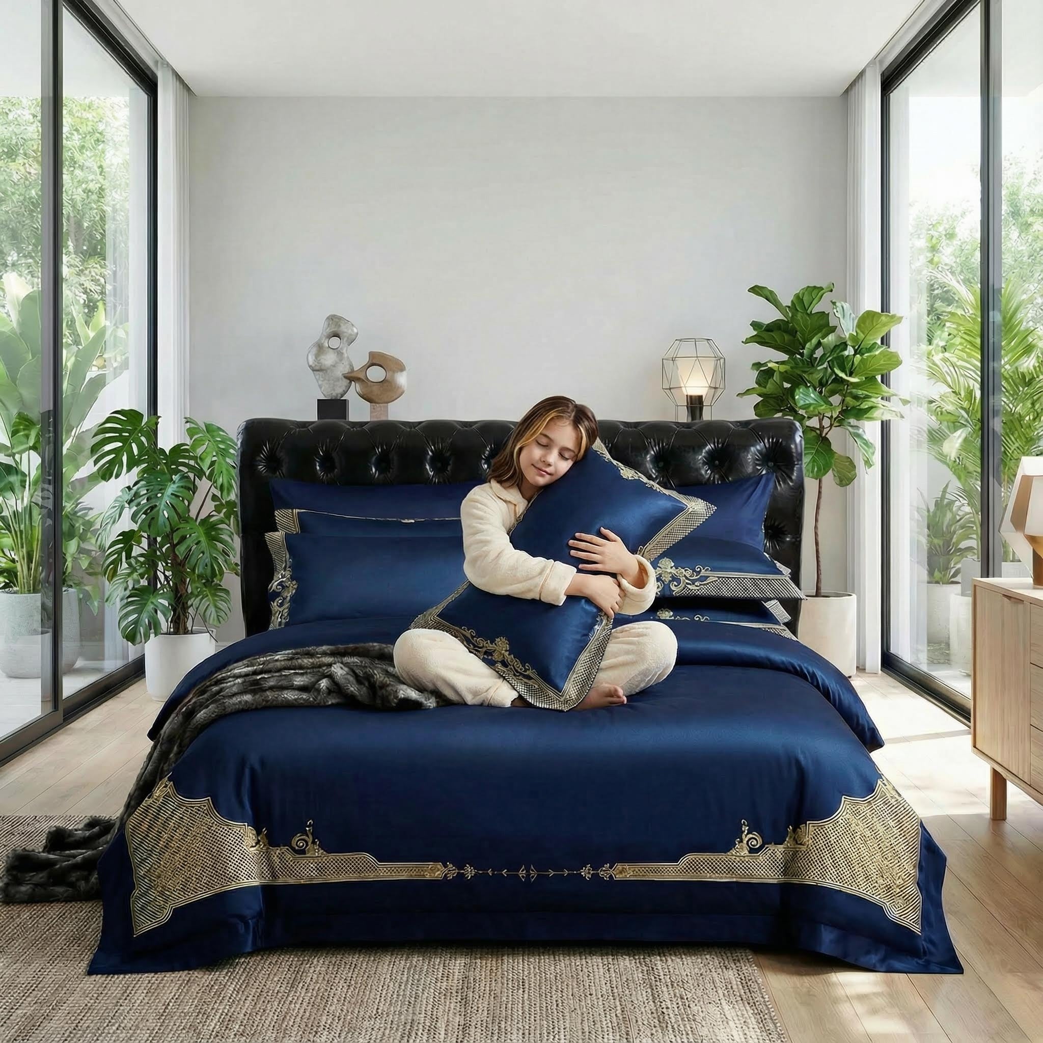 Royal blue cotton bedding set with elegant gold embroidery, featuring a person hugging a pillow on the bed.