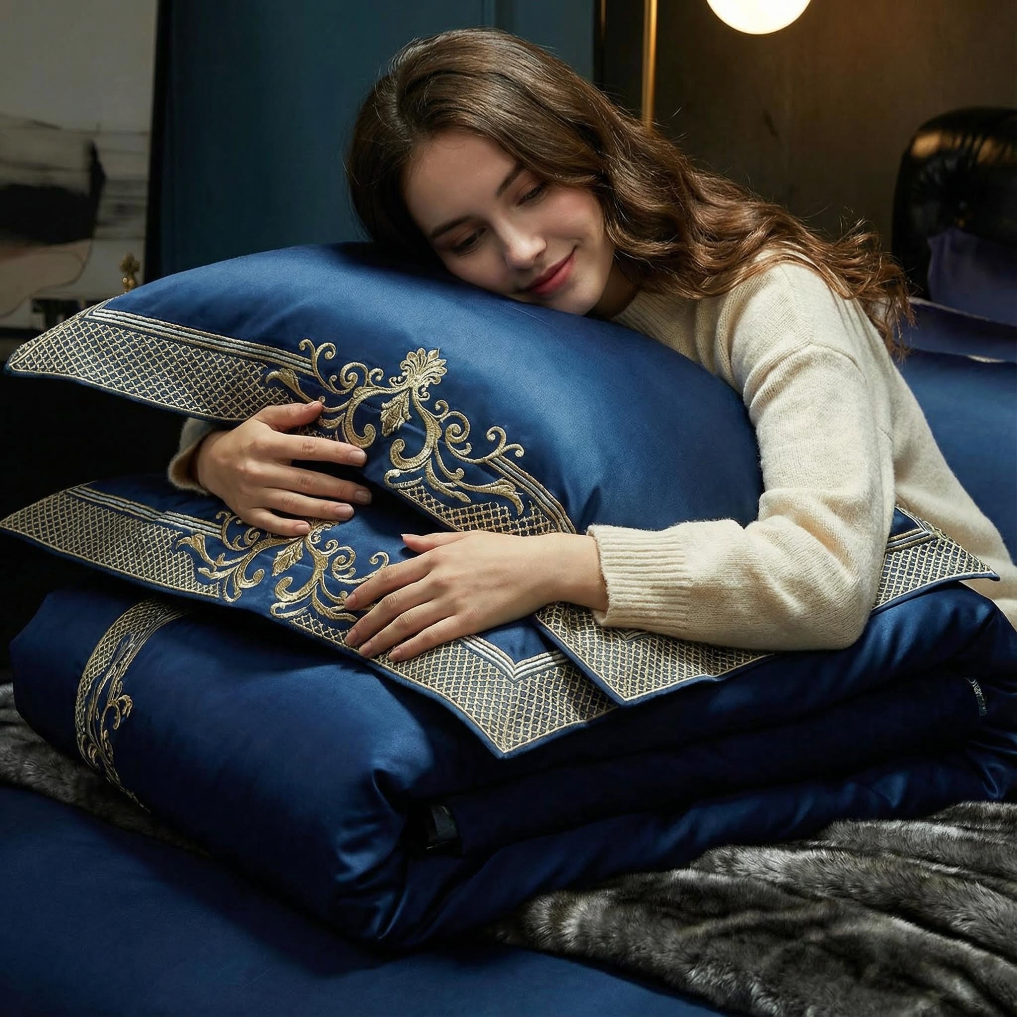 Woman hugging a royal blue cotton bedding set with elegant gold embroidered trim.