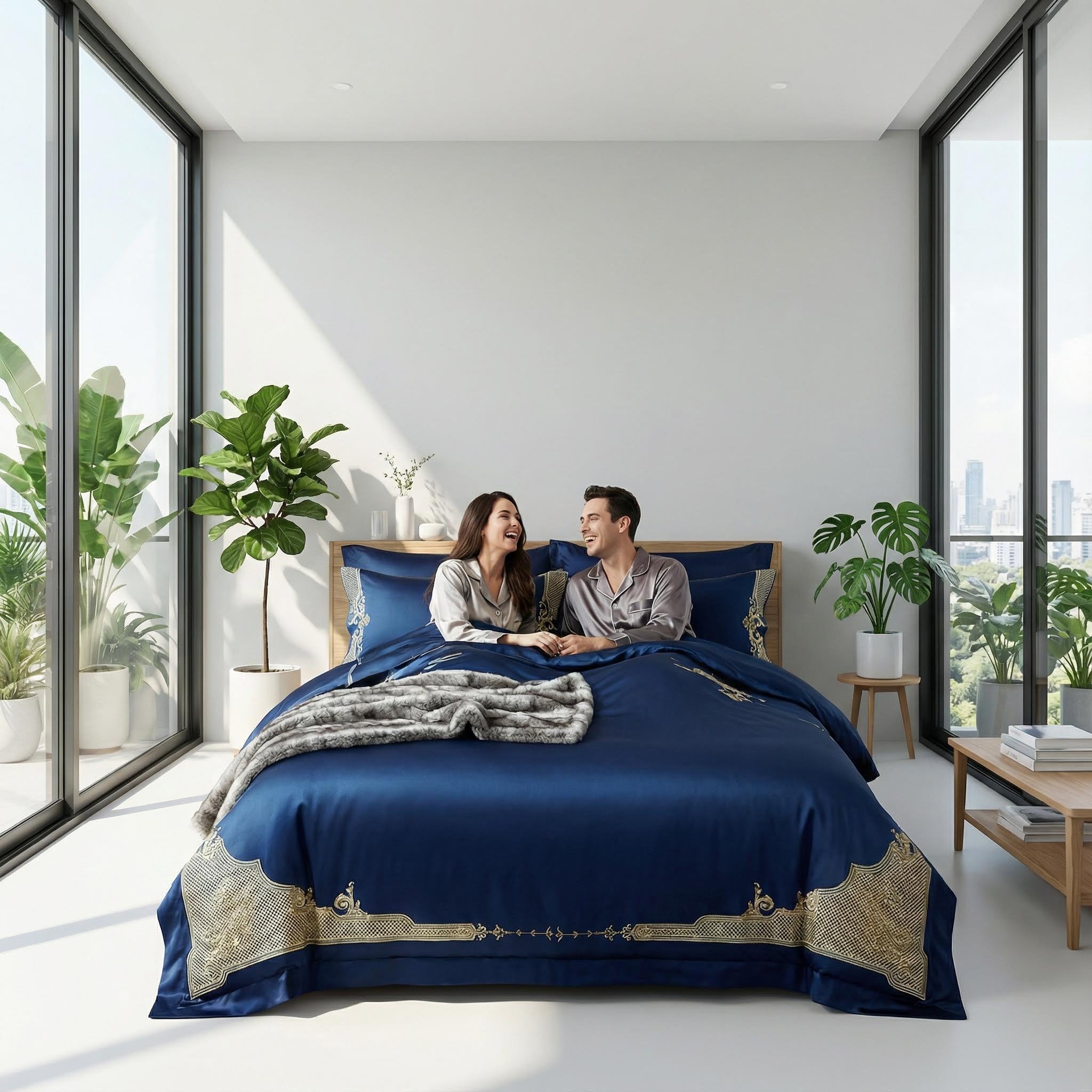 Royal blue cotton bedding set with gold embroidered trim on a bed with a couple.