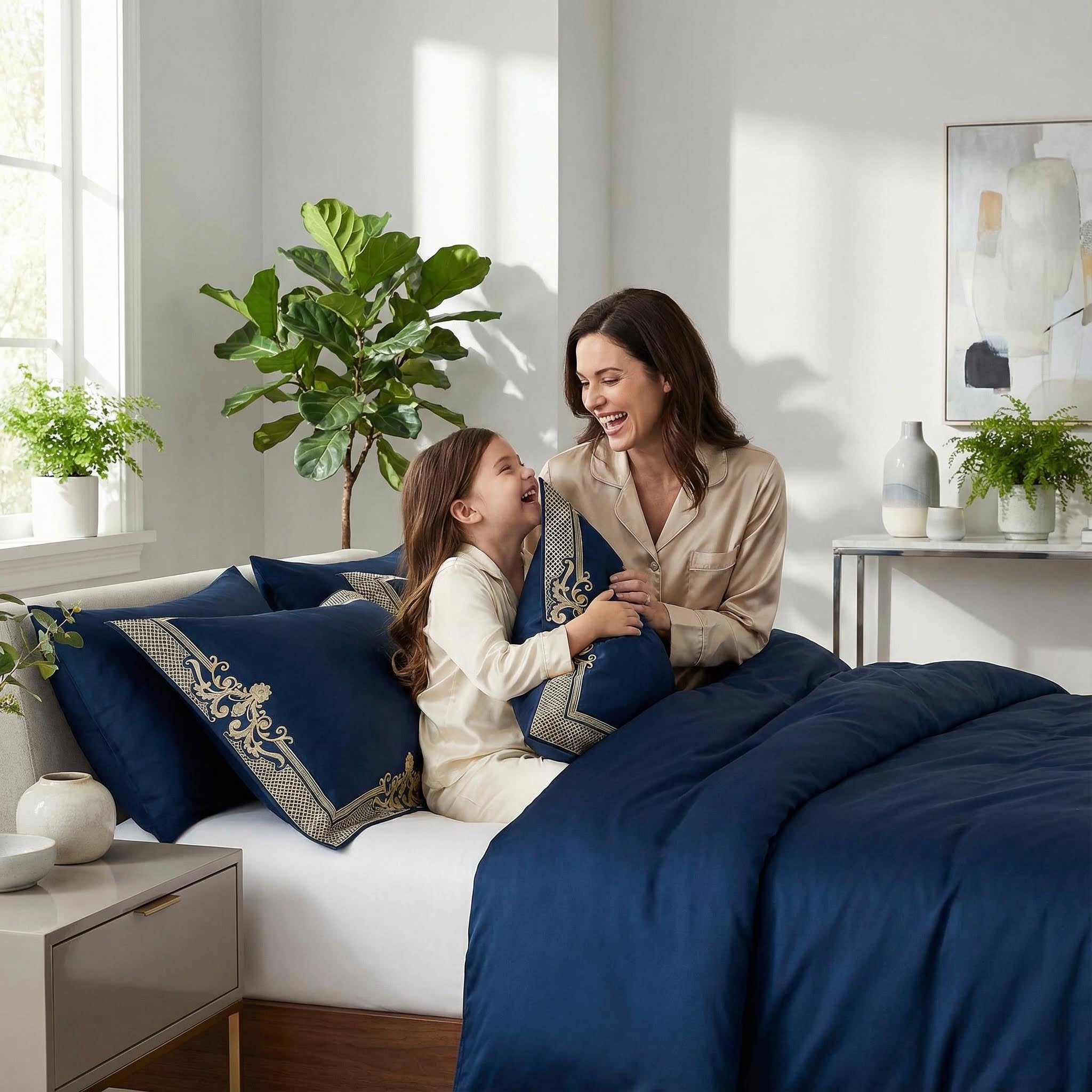 Royal blue cotton bedding set with gold embroidered pillowcases, featuring a mother and child laughing.