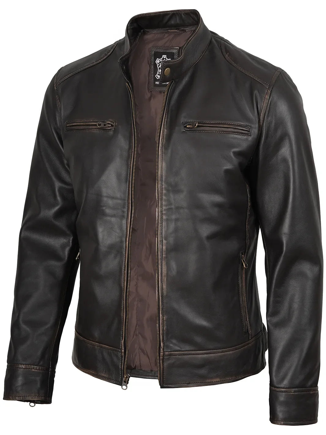 Rub-Off Dark Brown Leather Biker Jacket for Men 0