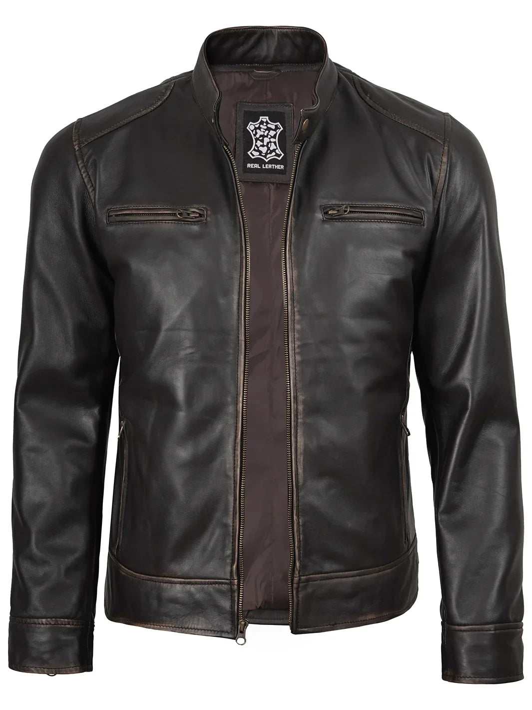 Rub-Off Dark Brown Leather Biker Jacket for Men 1