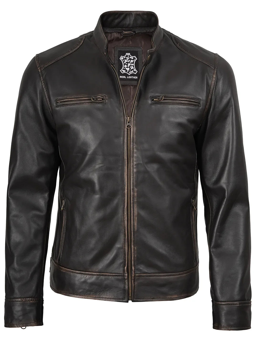 Rub-Off Dark Brown Leather Biker Jacket for Men 2