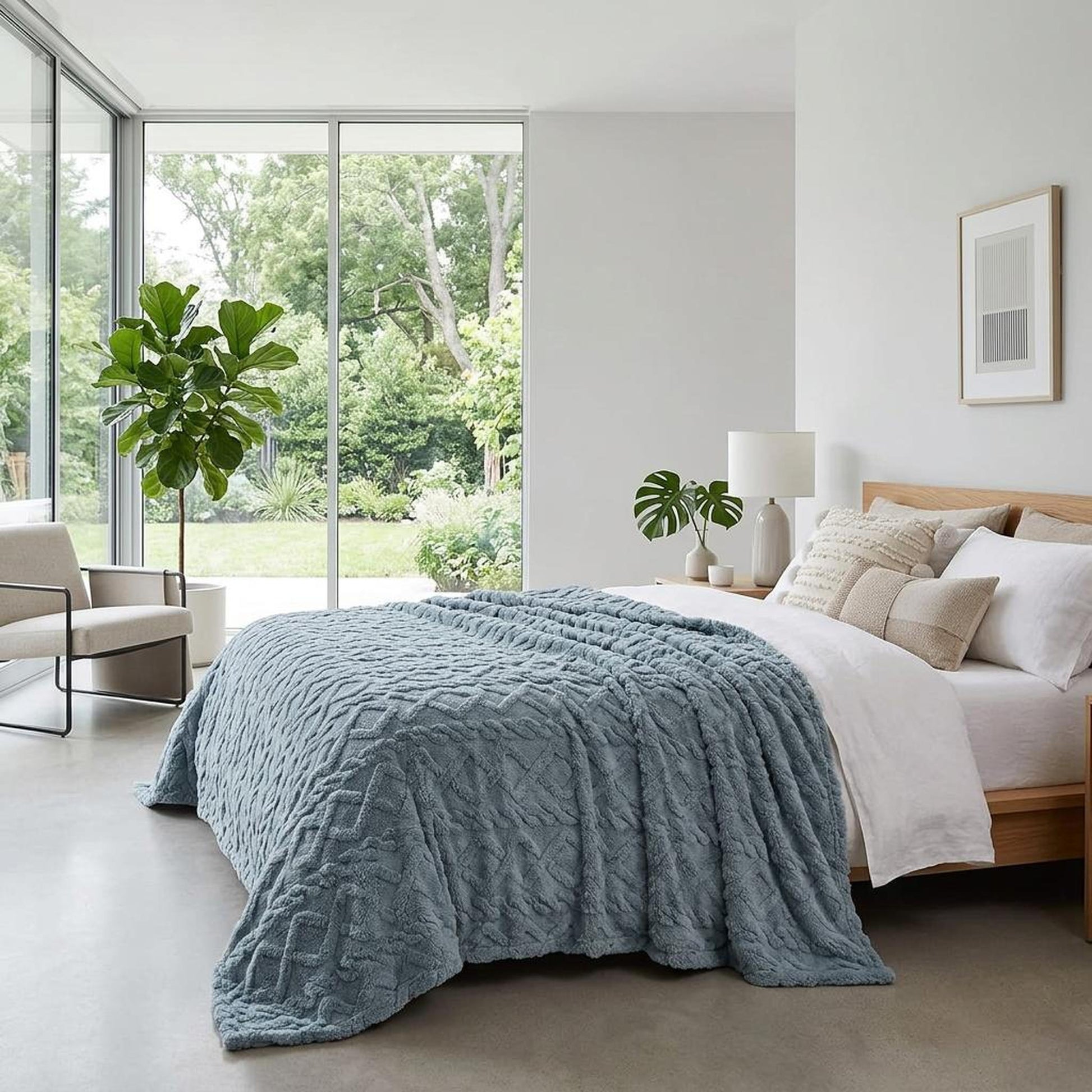 Soft blue ruched faux fur throw blanket draped on a bed in a bright, modern bedroom.