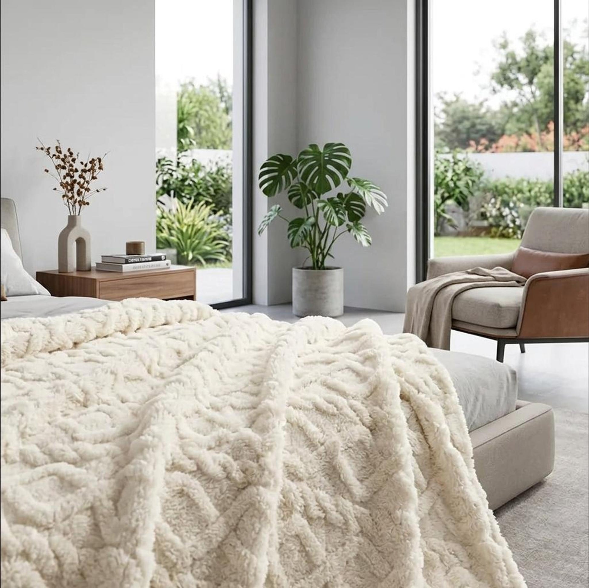 Cream ruched faux fur throw blanket draped over a bed in a modern bedroom with large windows.