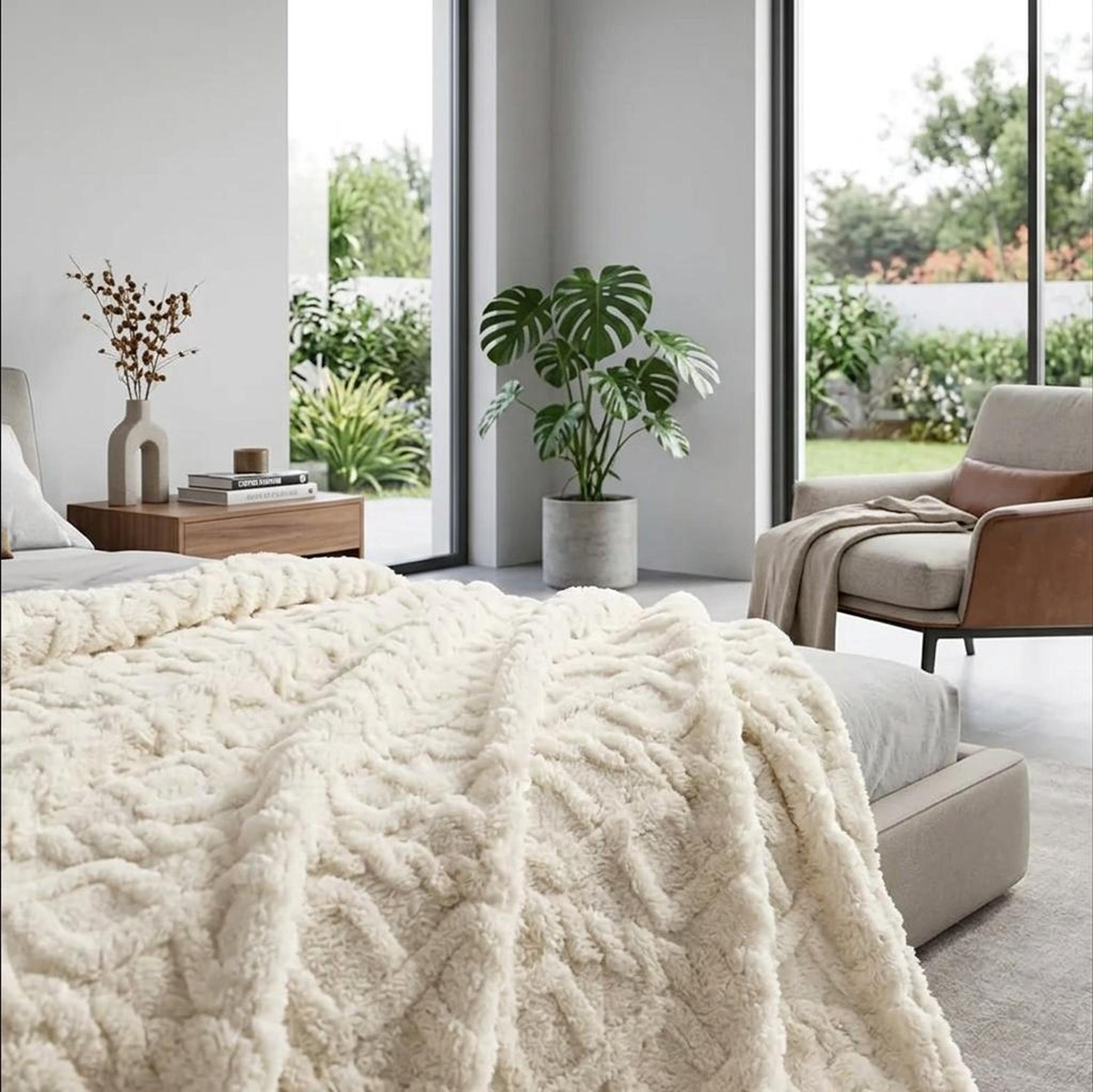 Cream ruched faux fur throw blanket draped over a bed in a modern bedroom with large windows.