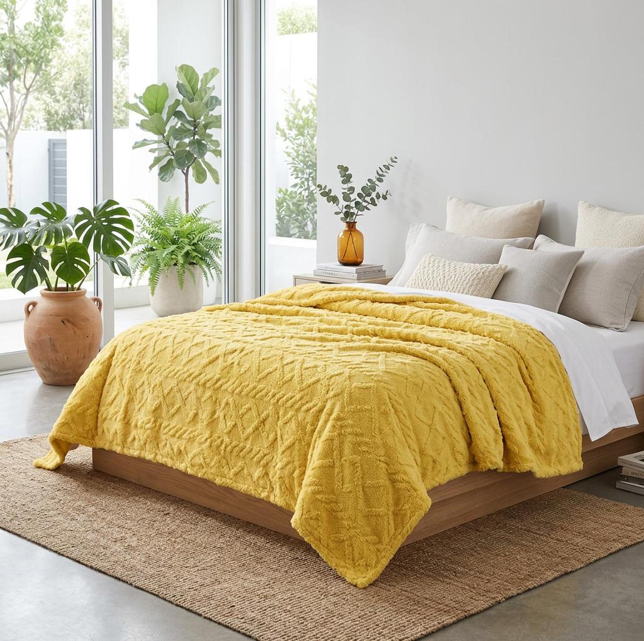 Yellow ruched faux fur throw blanket draped on a bed with neutral pillows in a bright room.