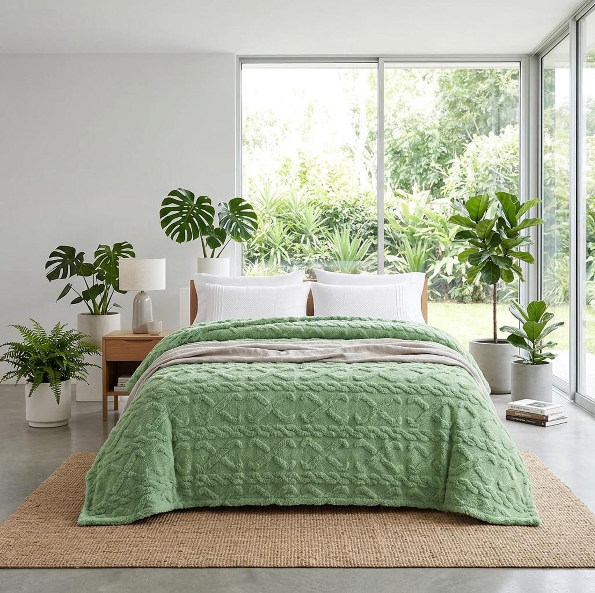 Green ruched faux fur throw blanket draped over a bed in a bright room with plants.