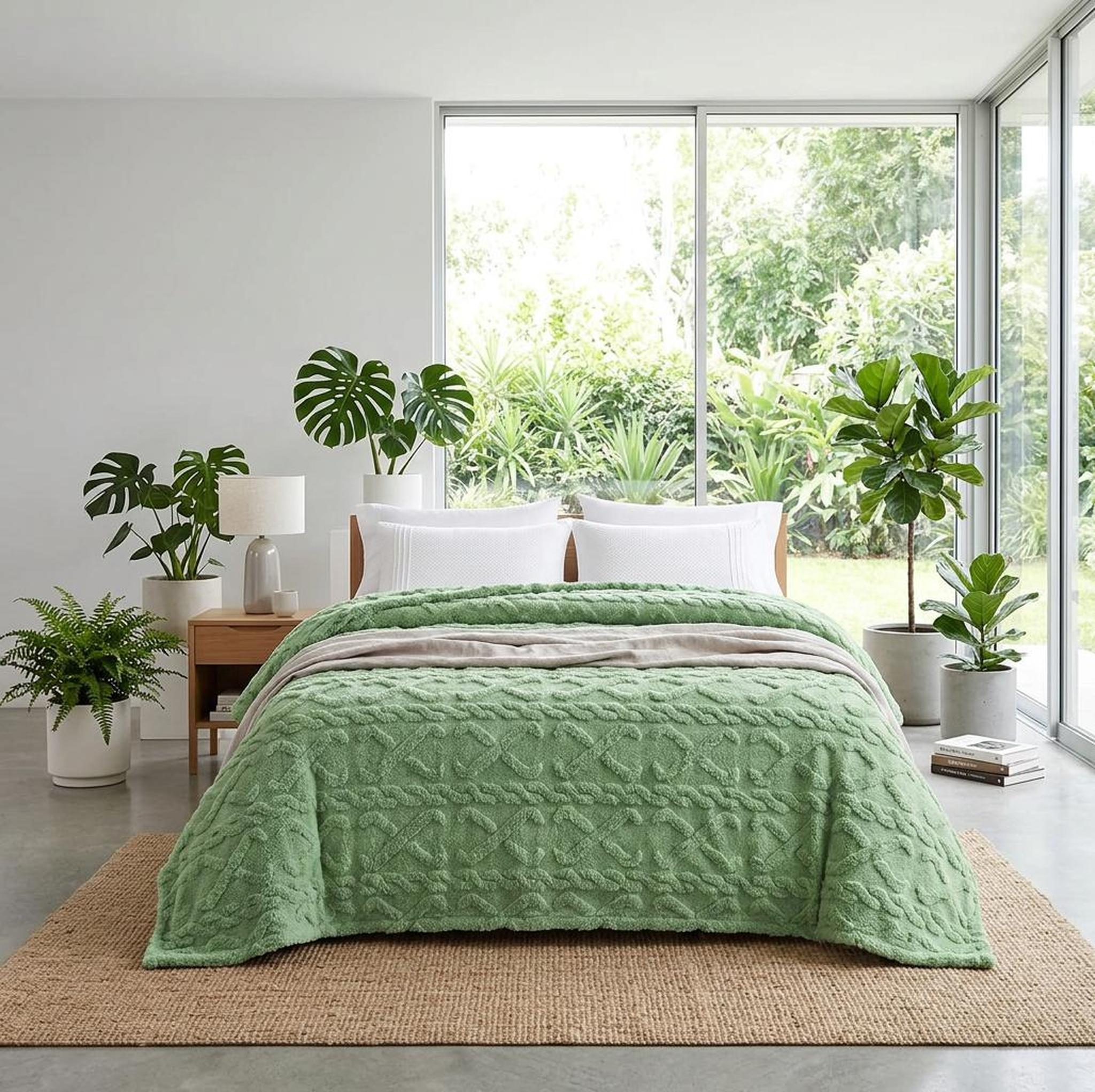 Green ruched faux fur throw blanket draped over a bed in a bright room with plants.