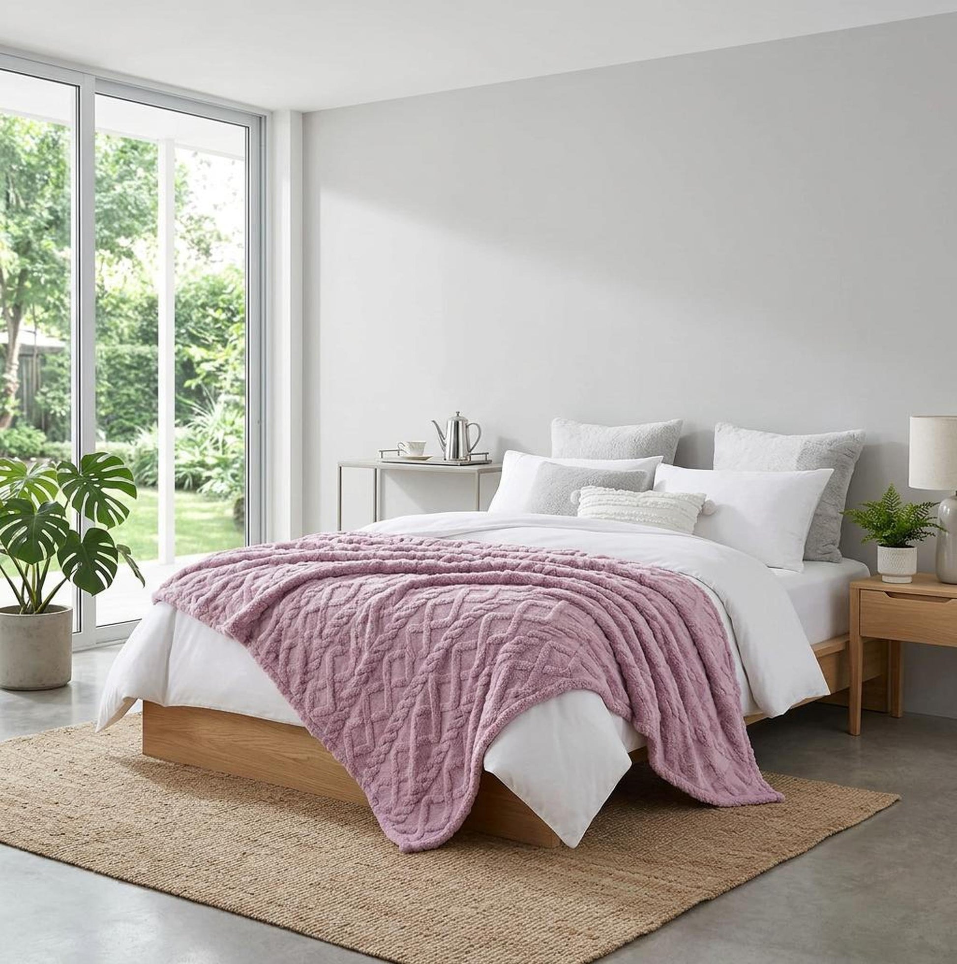 Soft, ruched faux fur throw blanket in a dusty rose color draped over a white bed in a modern bedroom.