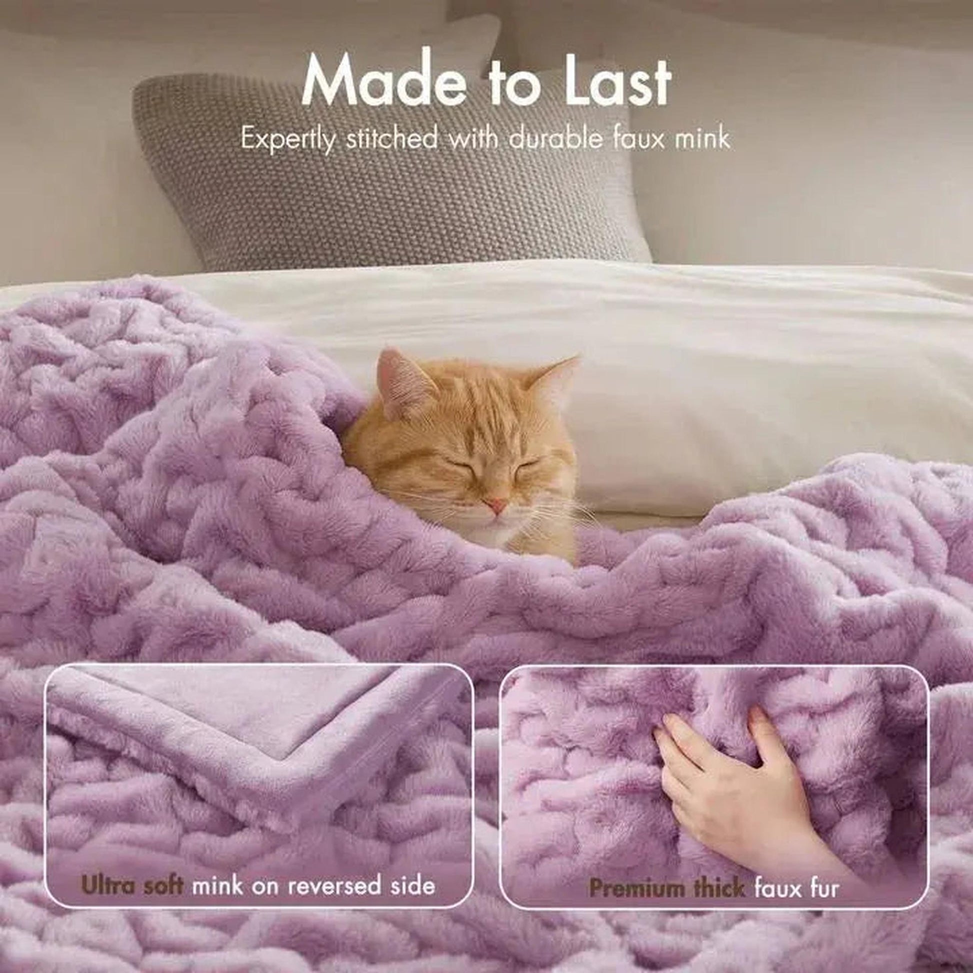 A cozy ginger cat sleeps soundly under a soft, ruched lavender faux fur throw blanket. Insets show the ultra-soft mink reverse and thick faux fur texture.