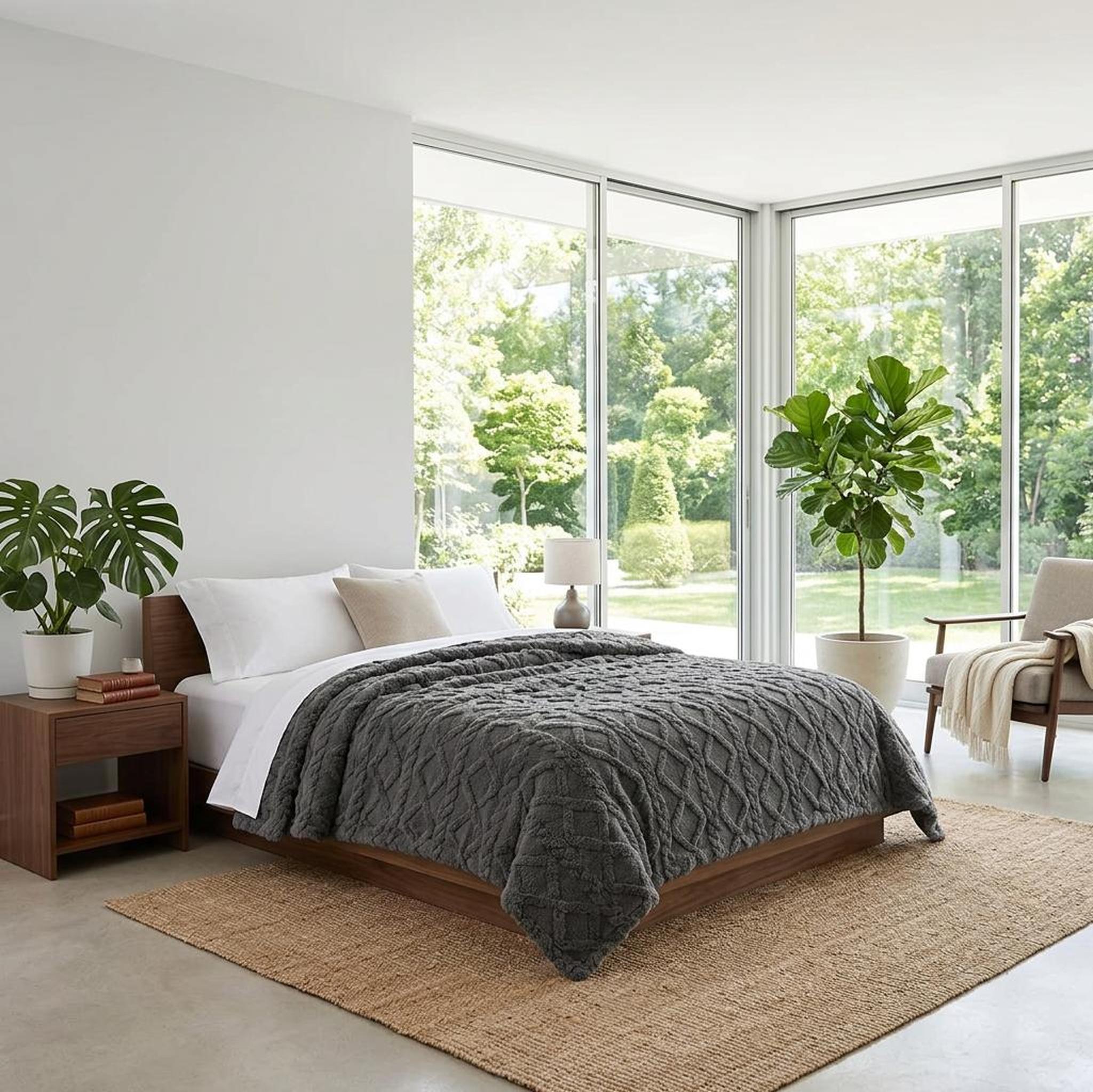 Gray ruched faux fur throw blanket on a modern wooden bed in a bright bedroom with large windows.