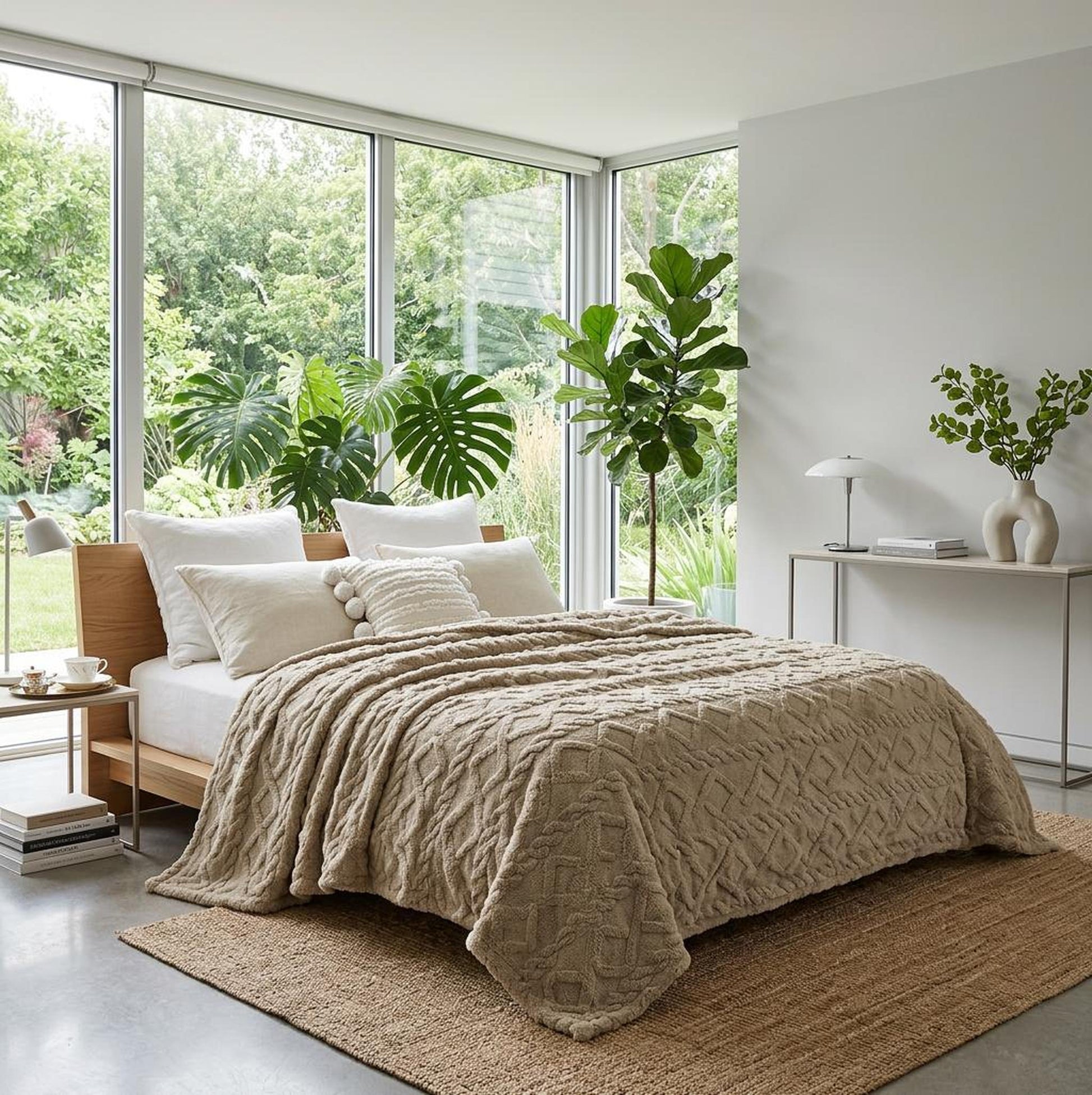 Beige ruched faux fur throw blanket draped over a bed in a bright, modern bedroom.