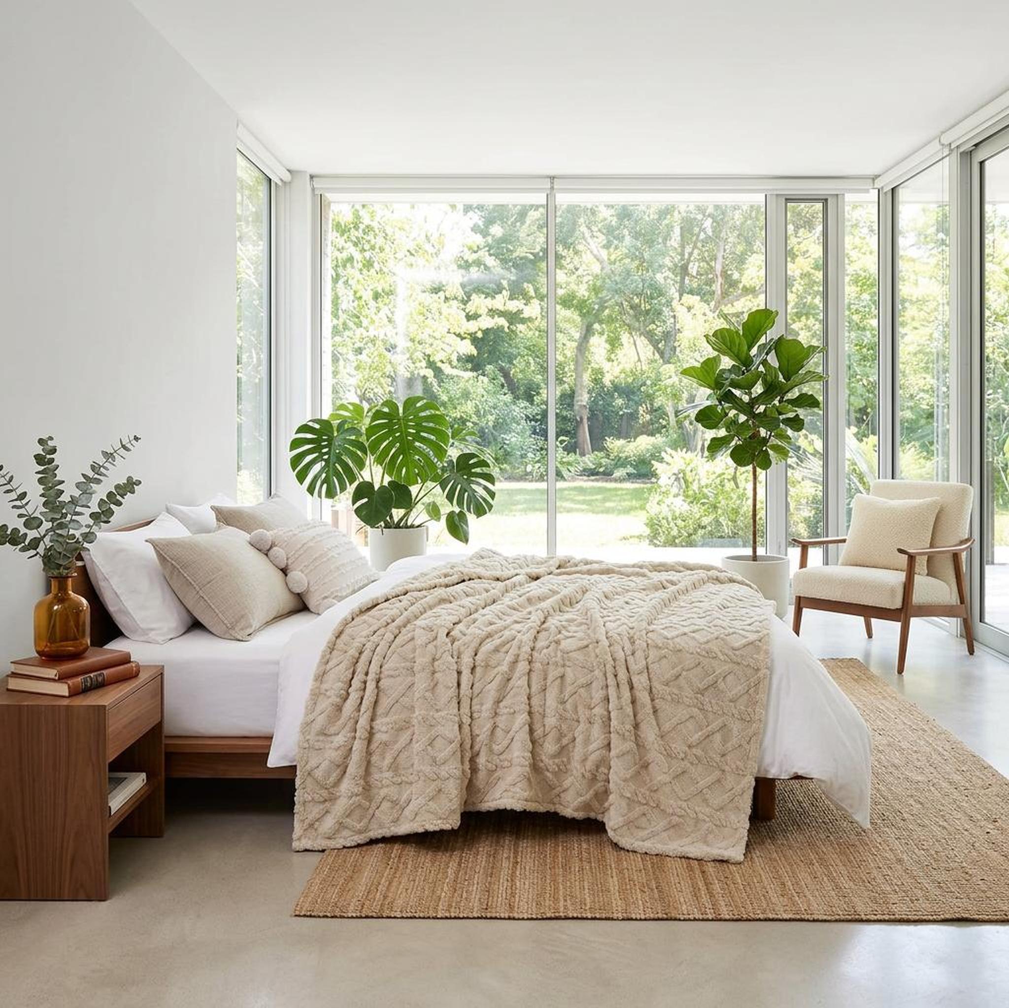 Beige ruched faux fur throw blanket draped on a bed in a bright, modern bedroom.