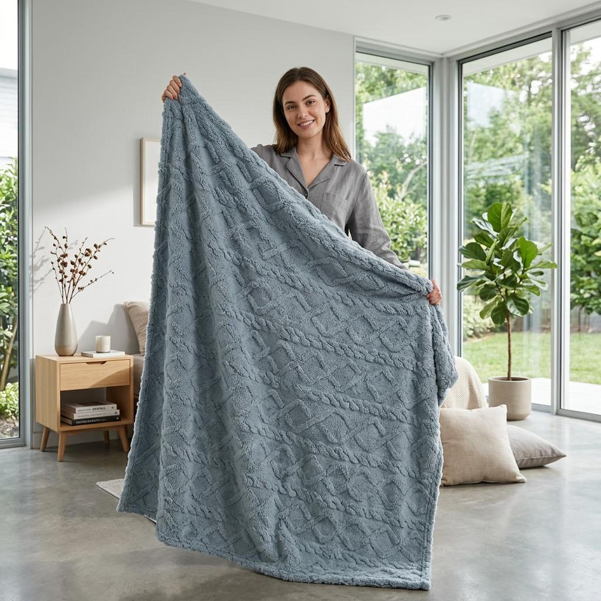 Smiling woman holding up a large, soft blue ruched faux fur throw blanket with a textured design.