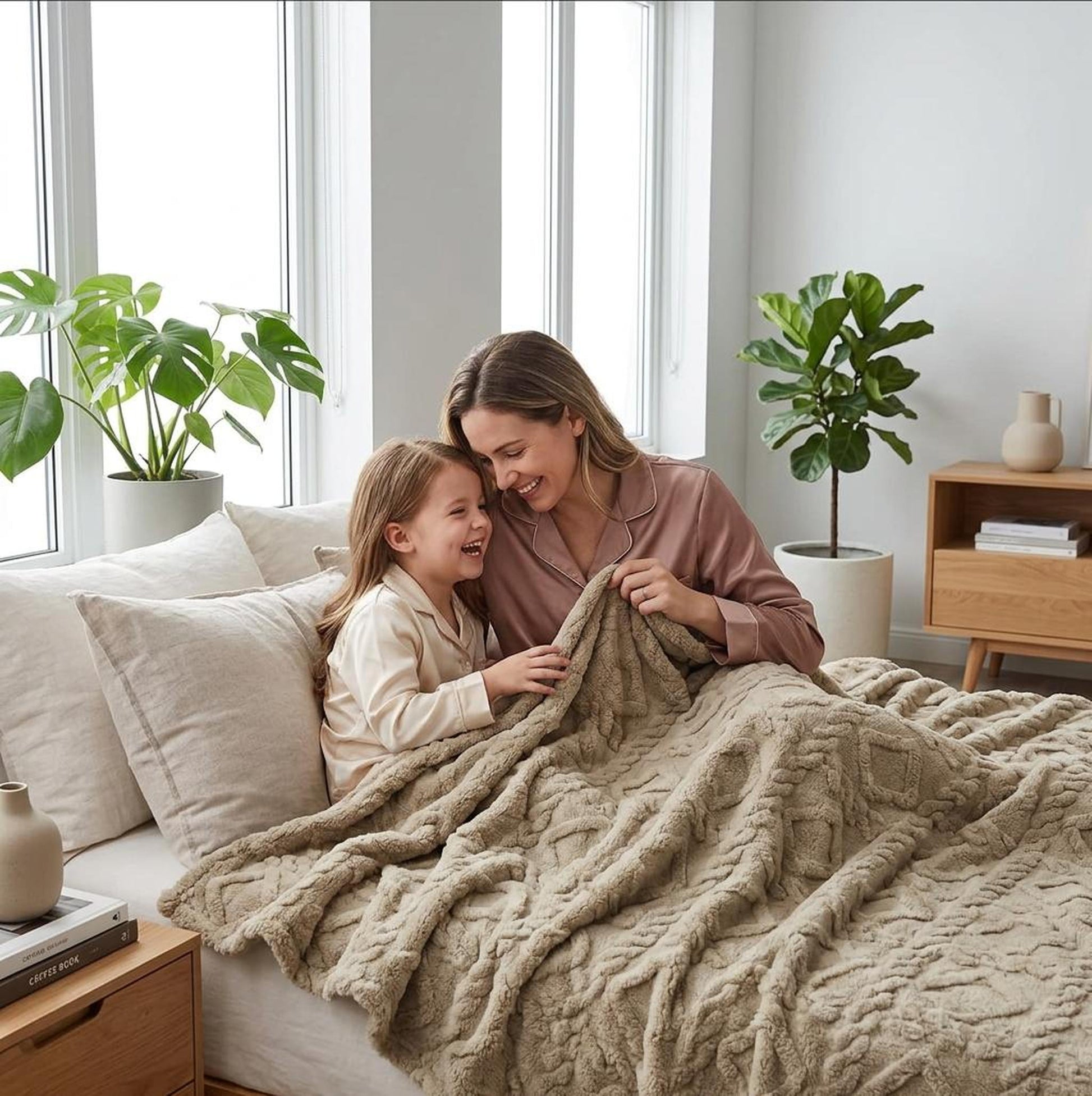 Smiling mother and daughter under a cozy, ruched faux fur throw blanket in a light beige color.