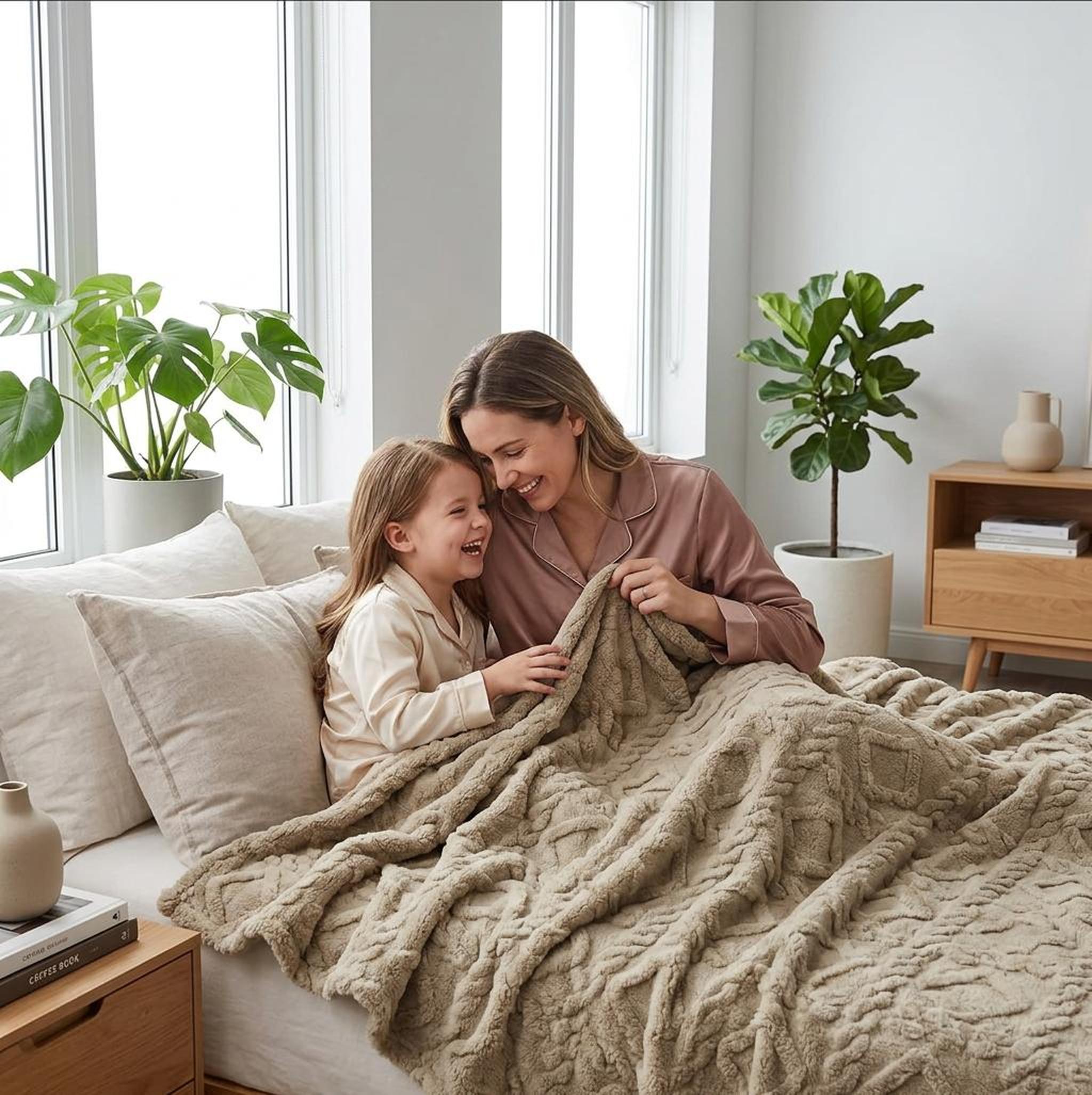 Smiling mother and daughter under a cozy, ruched faux fur throw blanket in a light beige color.