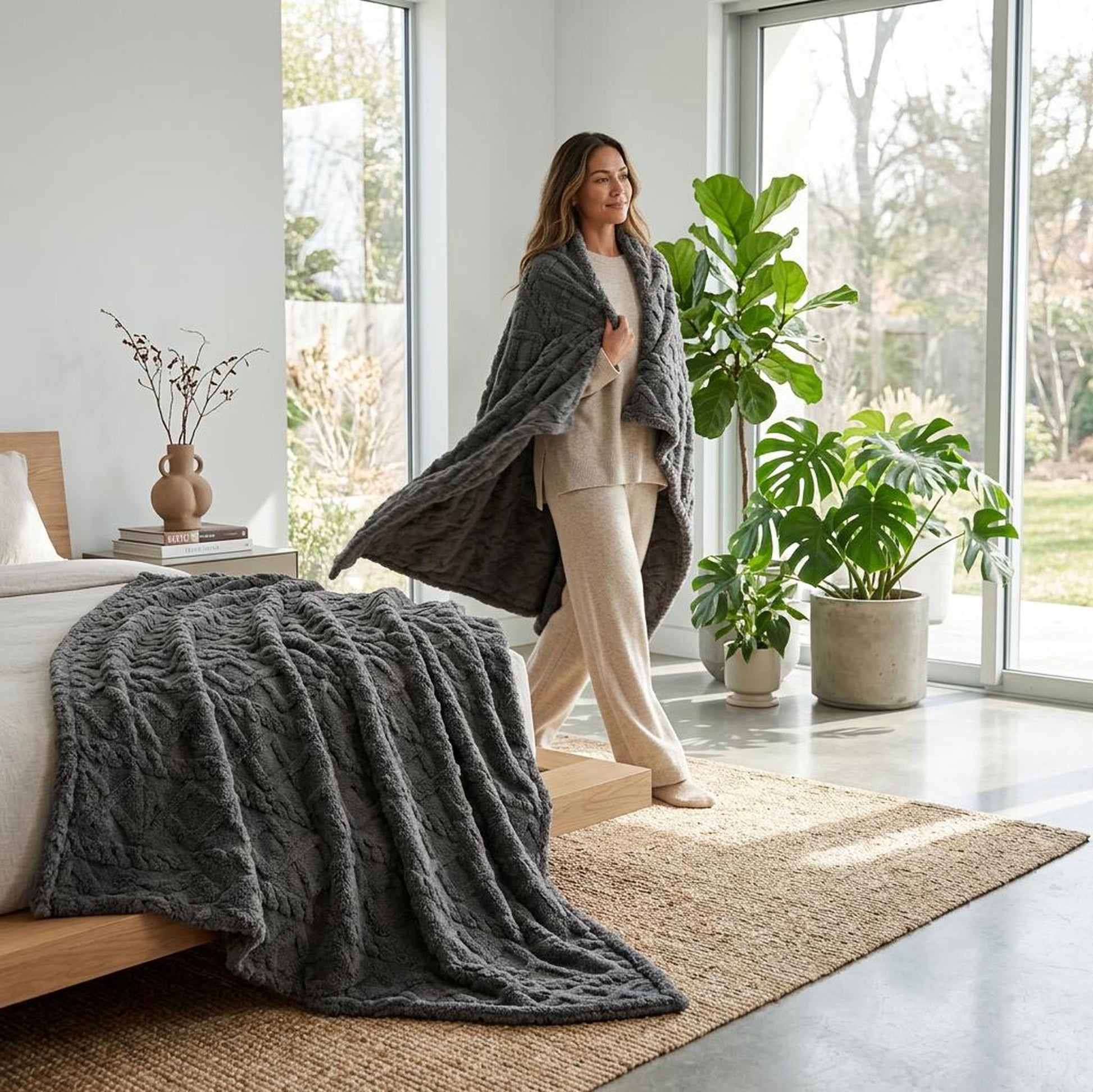 Woman wrapped in a soft, dark gray ruched faux fur throw blanket, with another draped on a bed.
