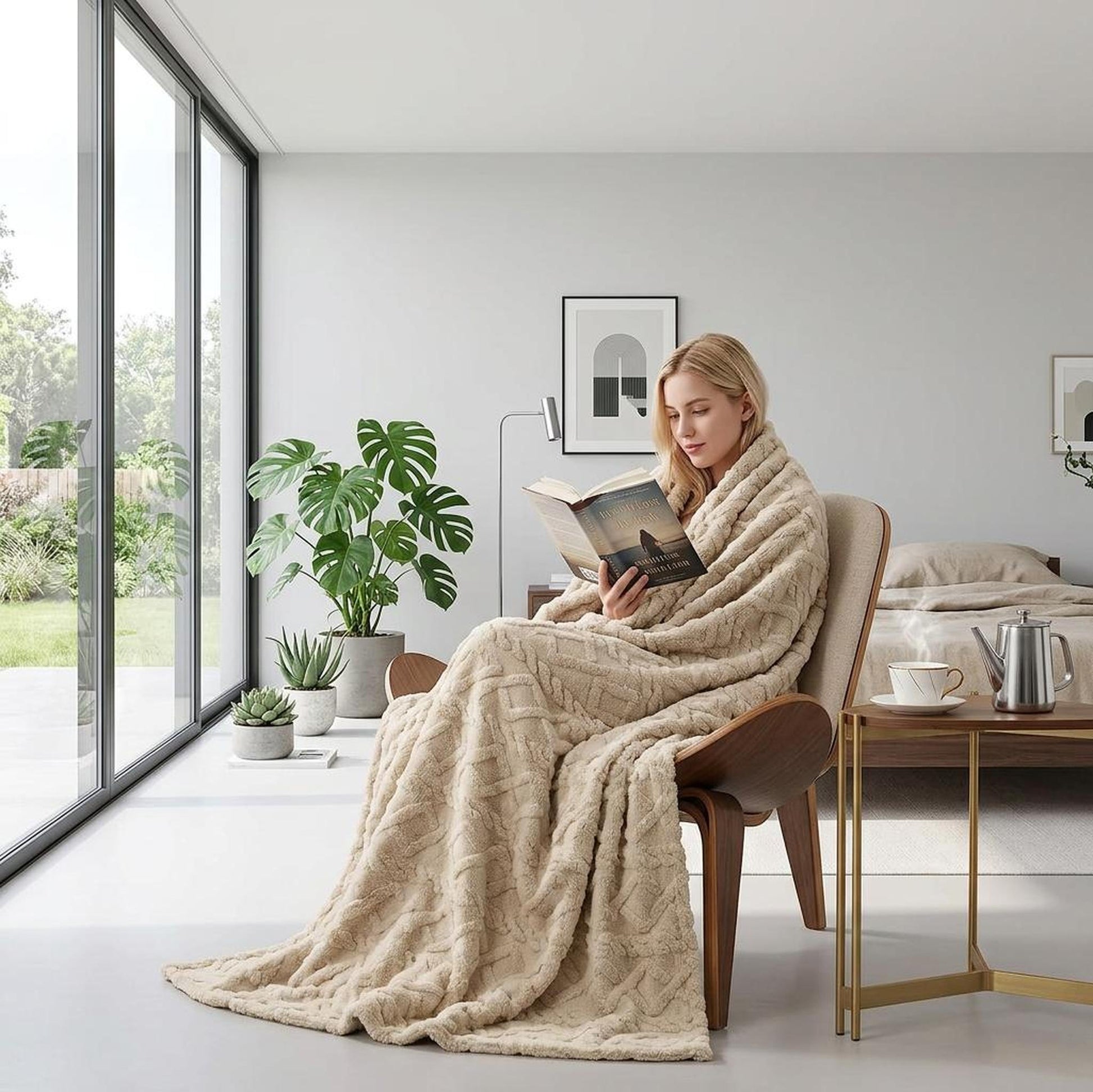 Blonde woman wrapped in a cozy, ruched beige faux fur throw blanket, reading in a modern living space.