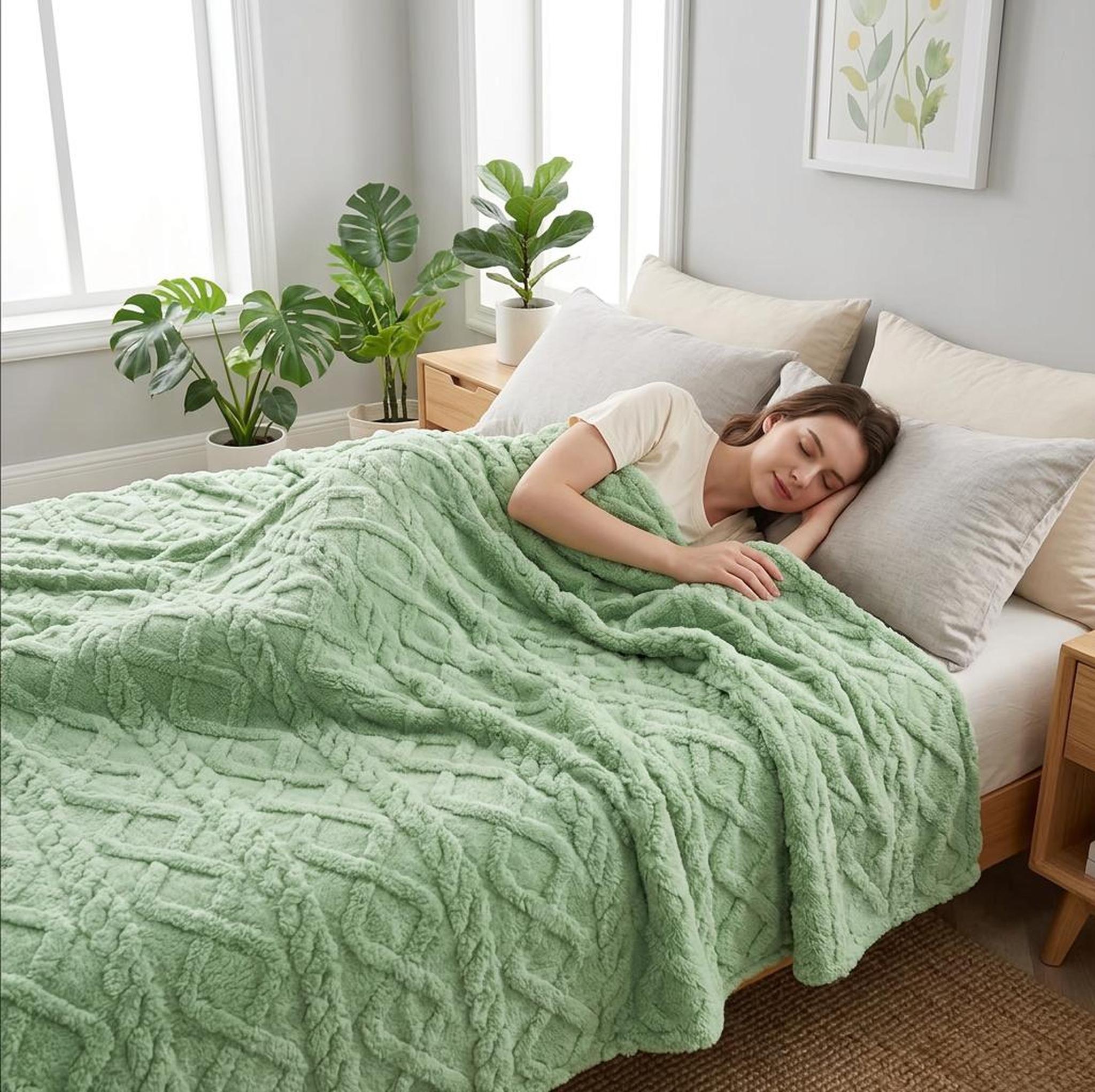 Woman sleeping soundly under a soft, green ruched faux fur throw blanket with a cable knit design.
