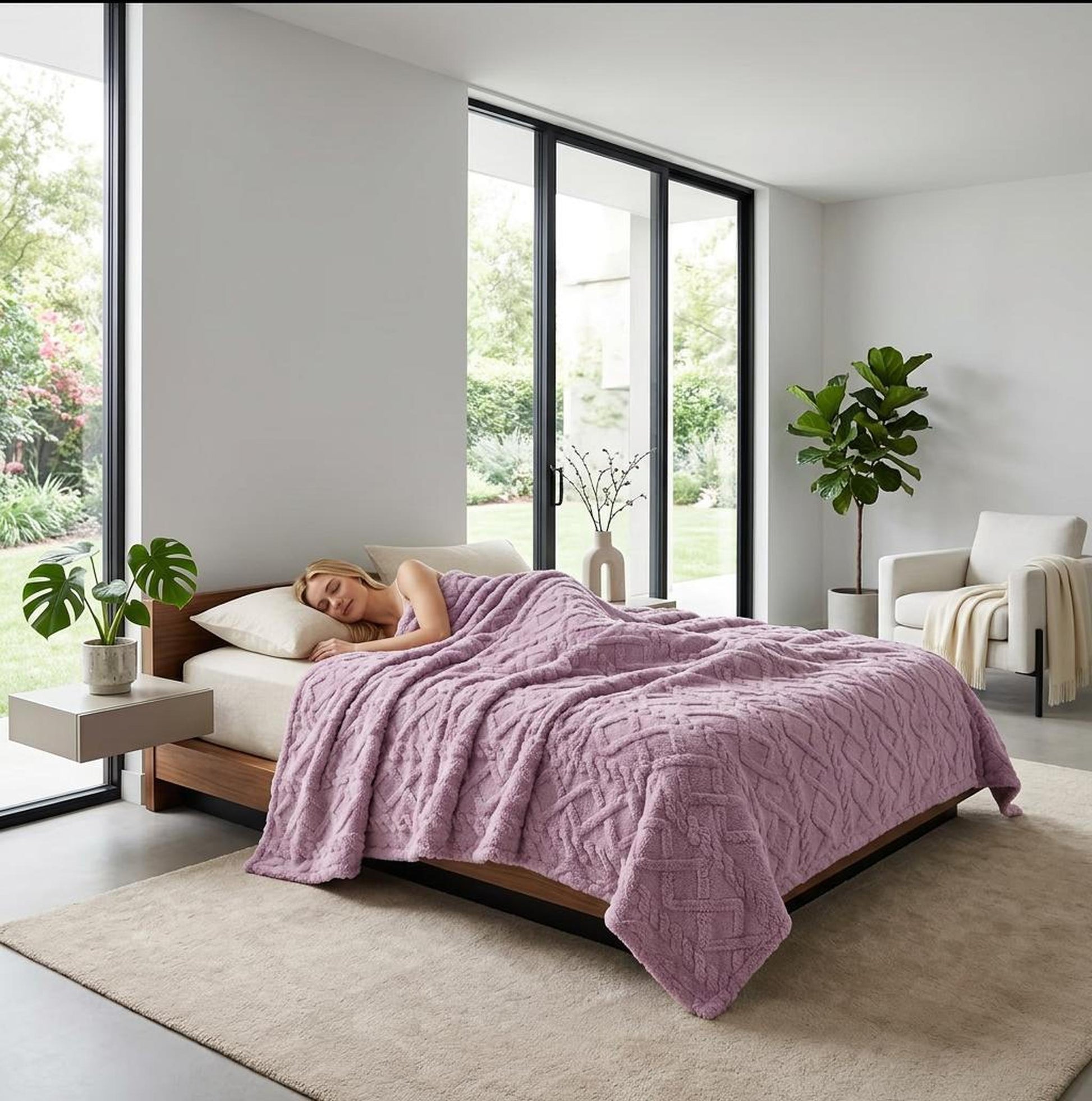 Woman sleeping peacefully under a soft, ruched lavender faux fur throw blanket on a modern bed.