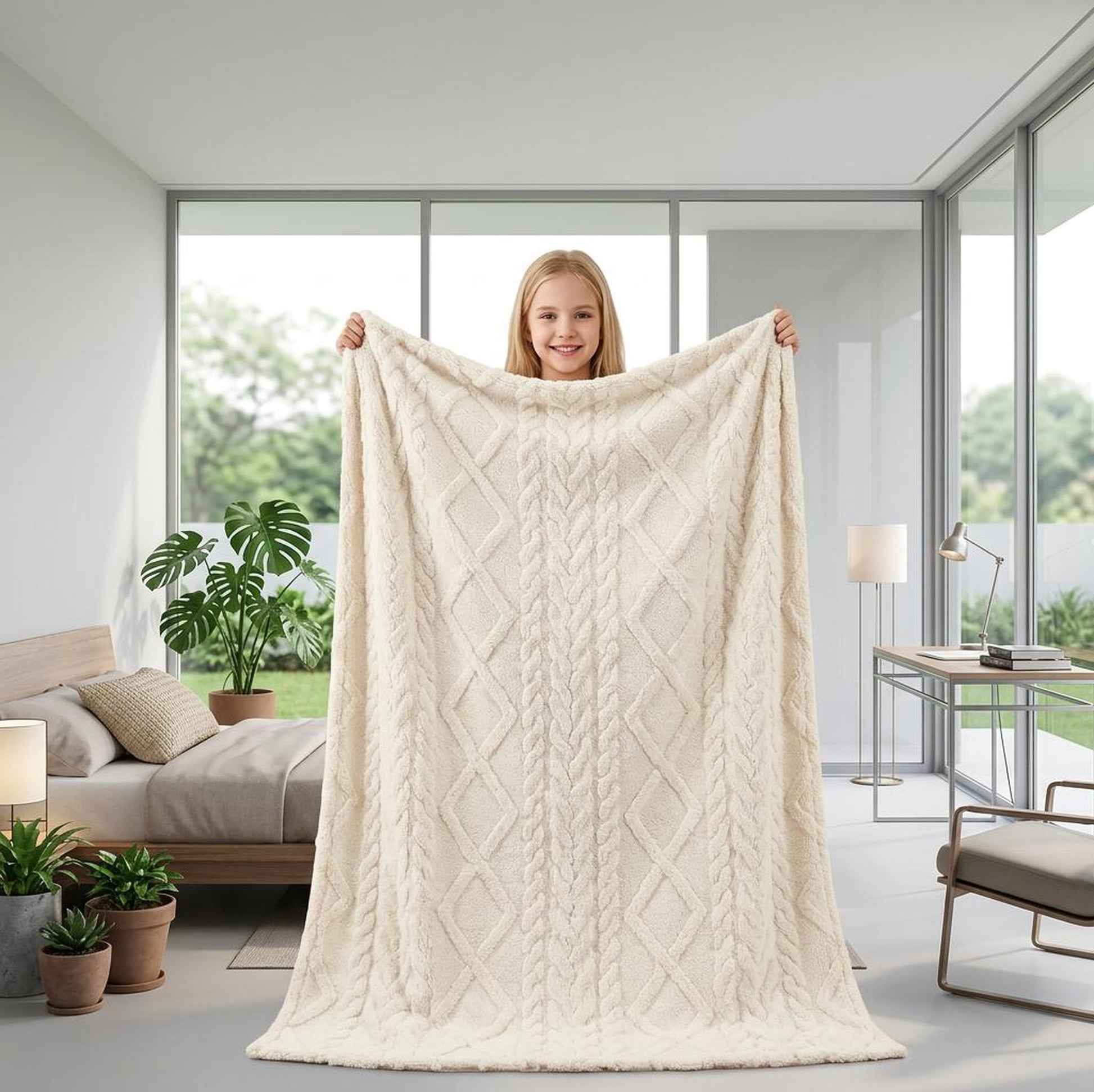 Smiling girl holding up a large, cream-colored, cable-knit faux fur throw blanket in a modern bedroom.