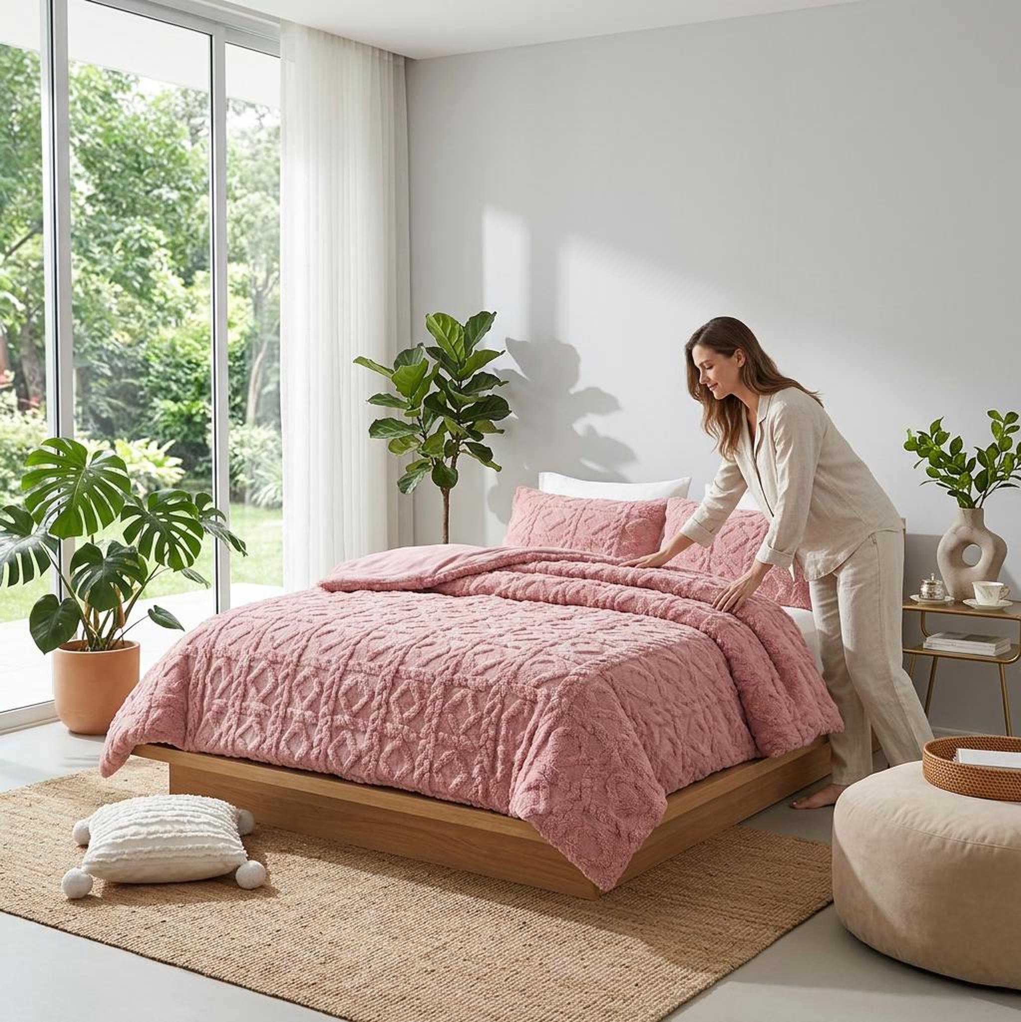 Woman in pajamas making a bed with a pink ruched faux fur throw blanket and matching bedding.
