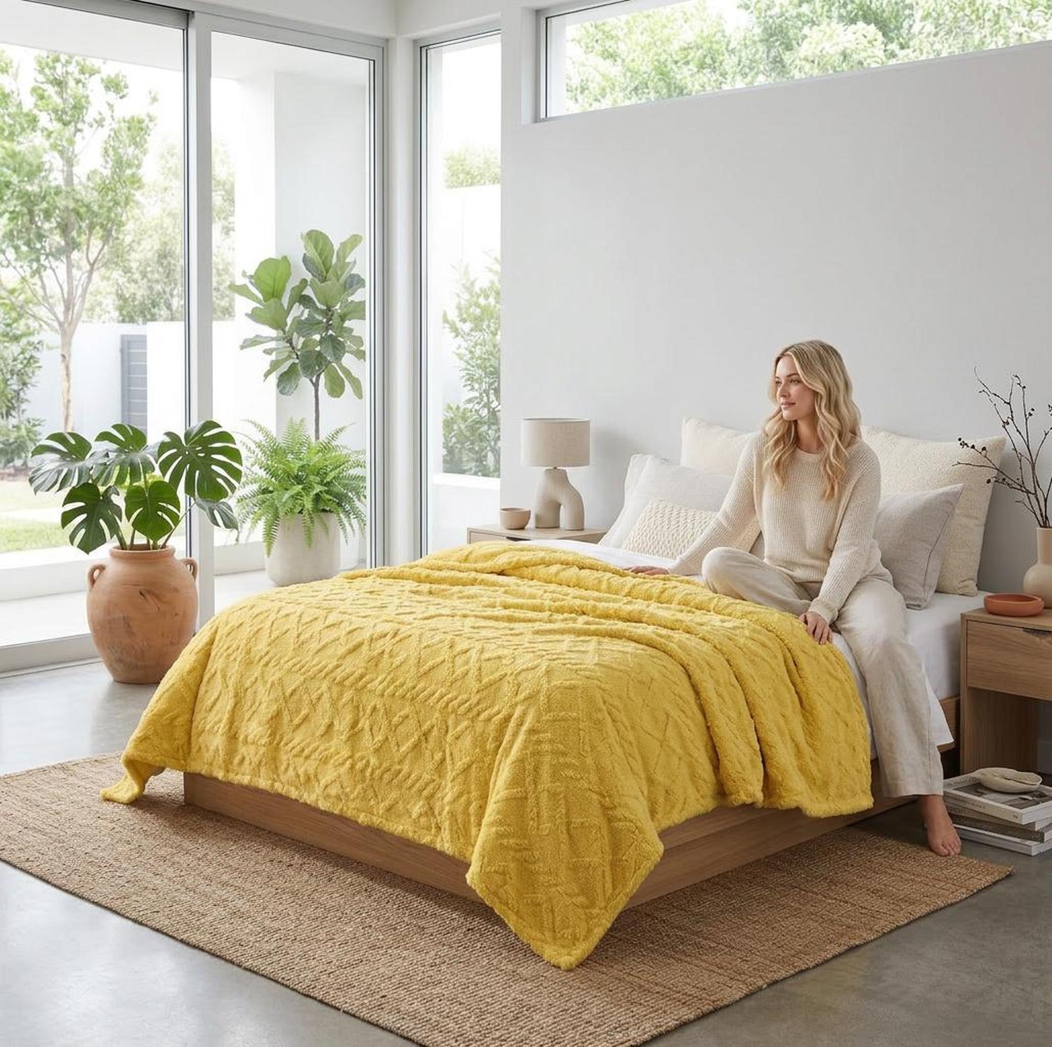 Blonde woman on a bed with a bright yellow ruched faux fur throw blanket, enhancing a modern bedroom.