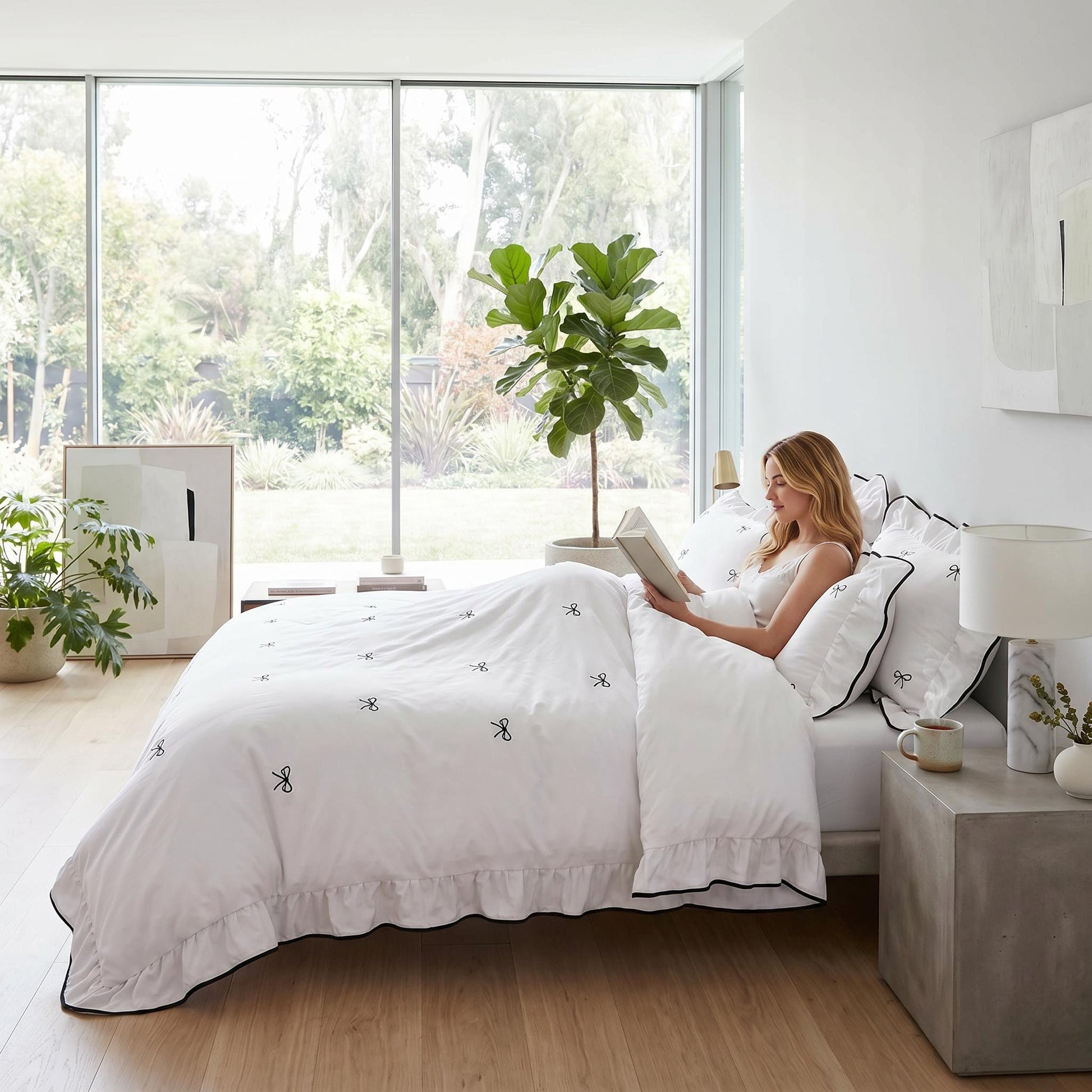 White microfiber duvet cover set with black embroidered bows and ruffled edges, on a bed with a woman reading.