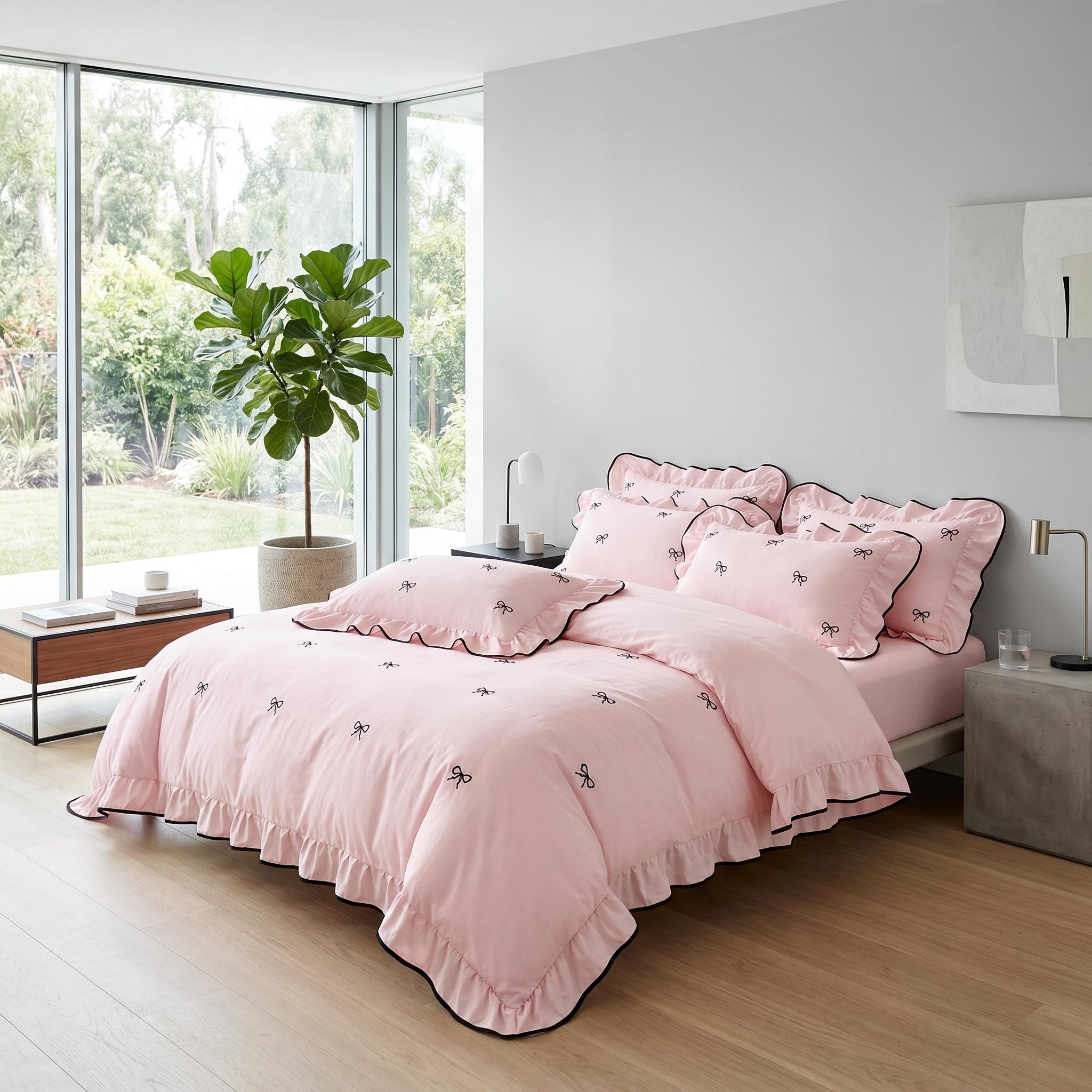 Pink microfiber duvet cover set with black embroidered bows and ruffled edges in a modern bedroom.