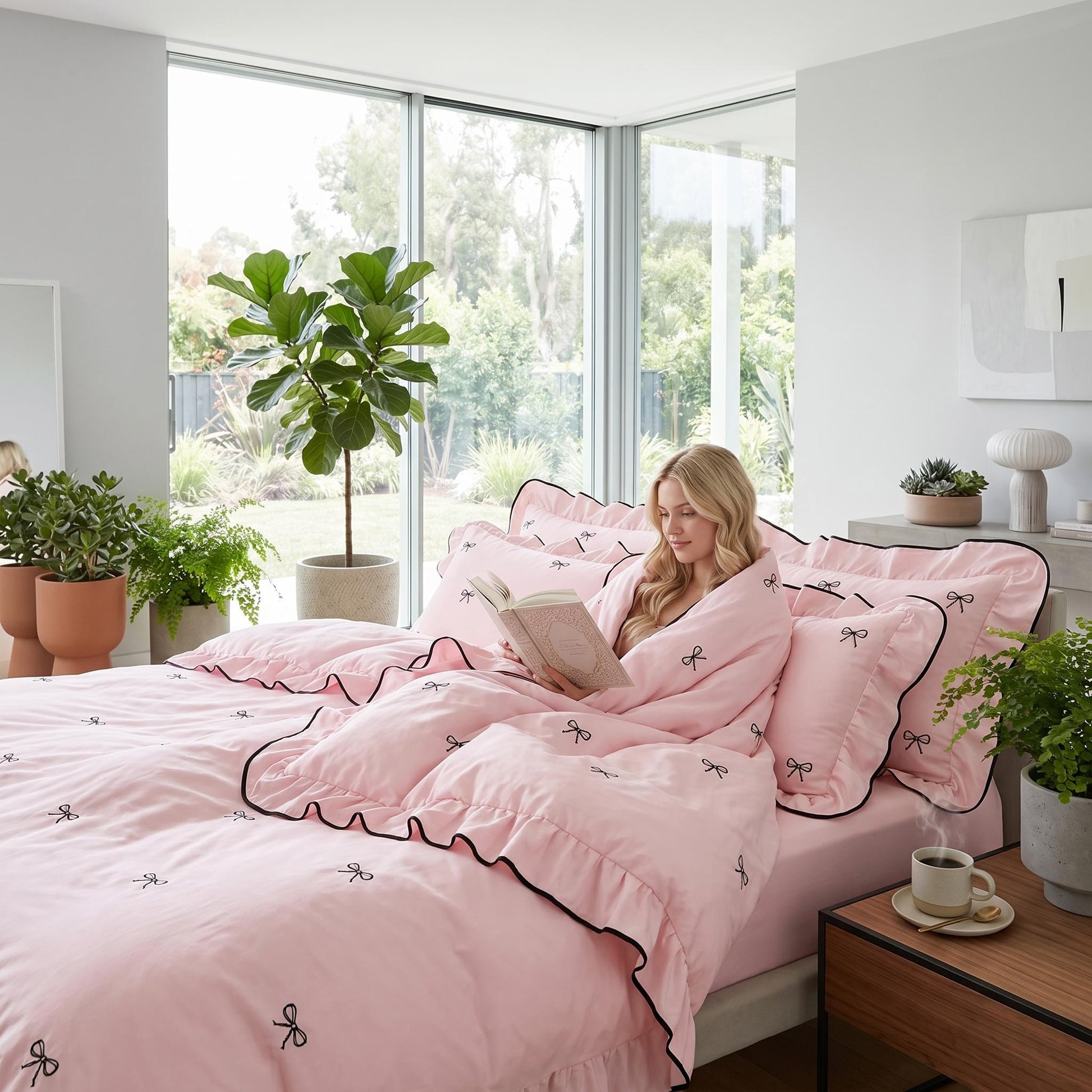 Pink microfiber duvet cover set with black embroidered bows and ruffled edges on a bed with a woman reading.