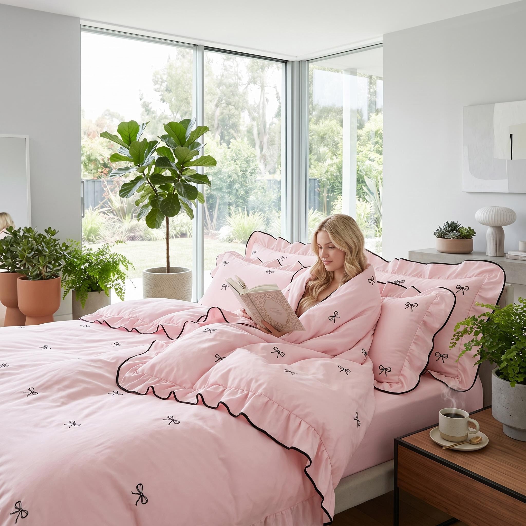 Pink microfiber duvet cover set with black embroidered bows and ruffled edges on a bed with a woman reading.