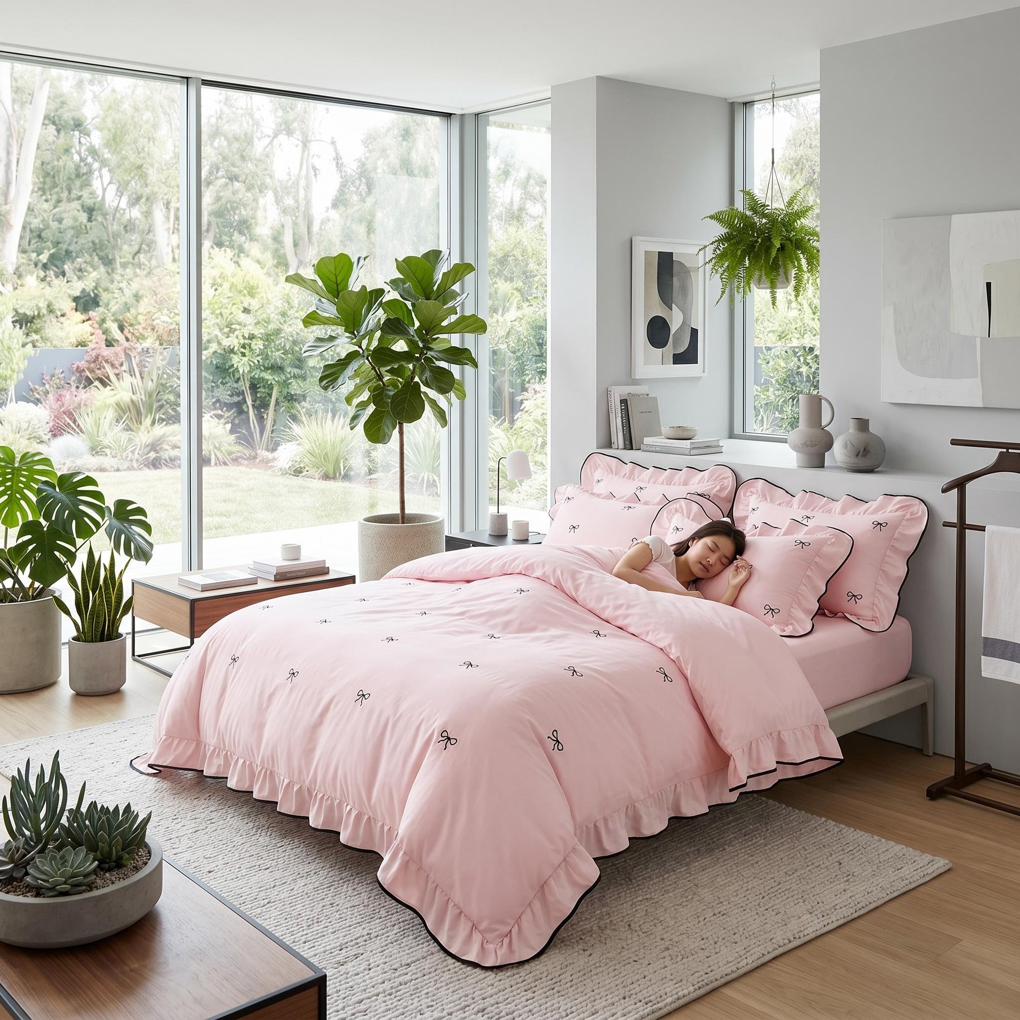 Pink ruffle bow duvet cover set on a bed with a person sleeping, in a bright room with large windows.